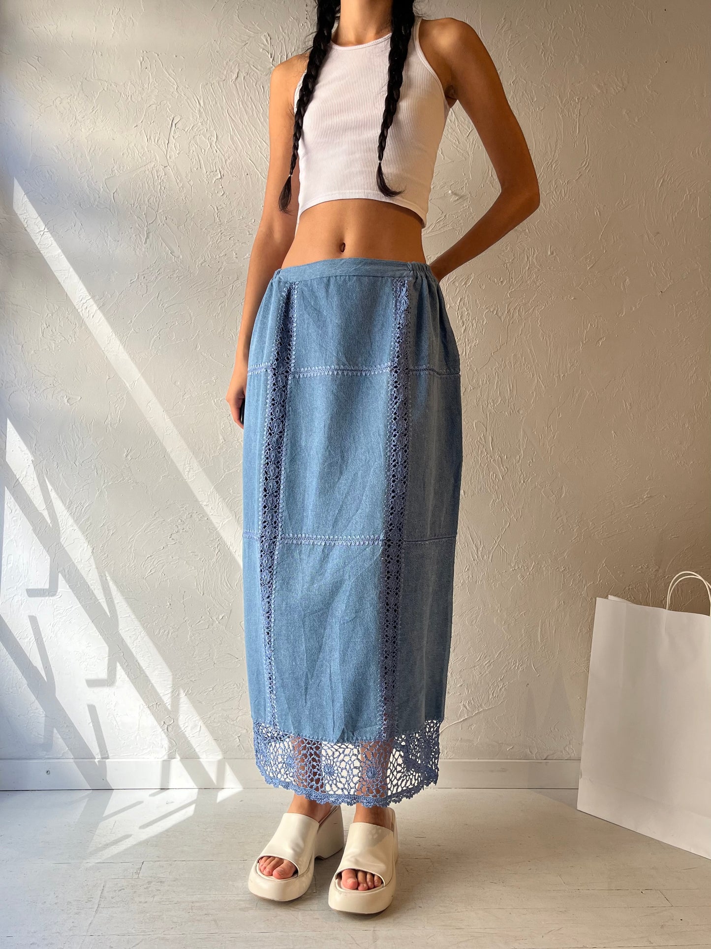 90s 'Kroshetta' Denim Maxi Skirt / Medium