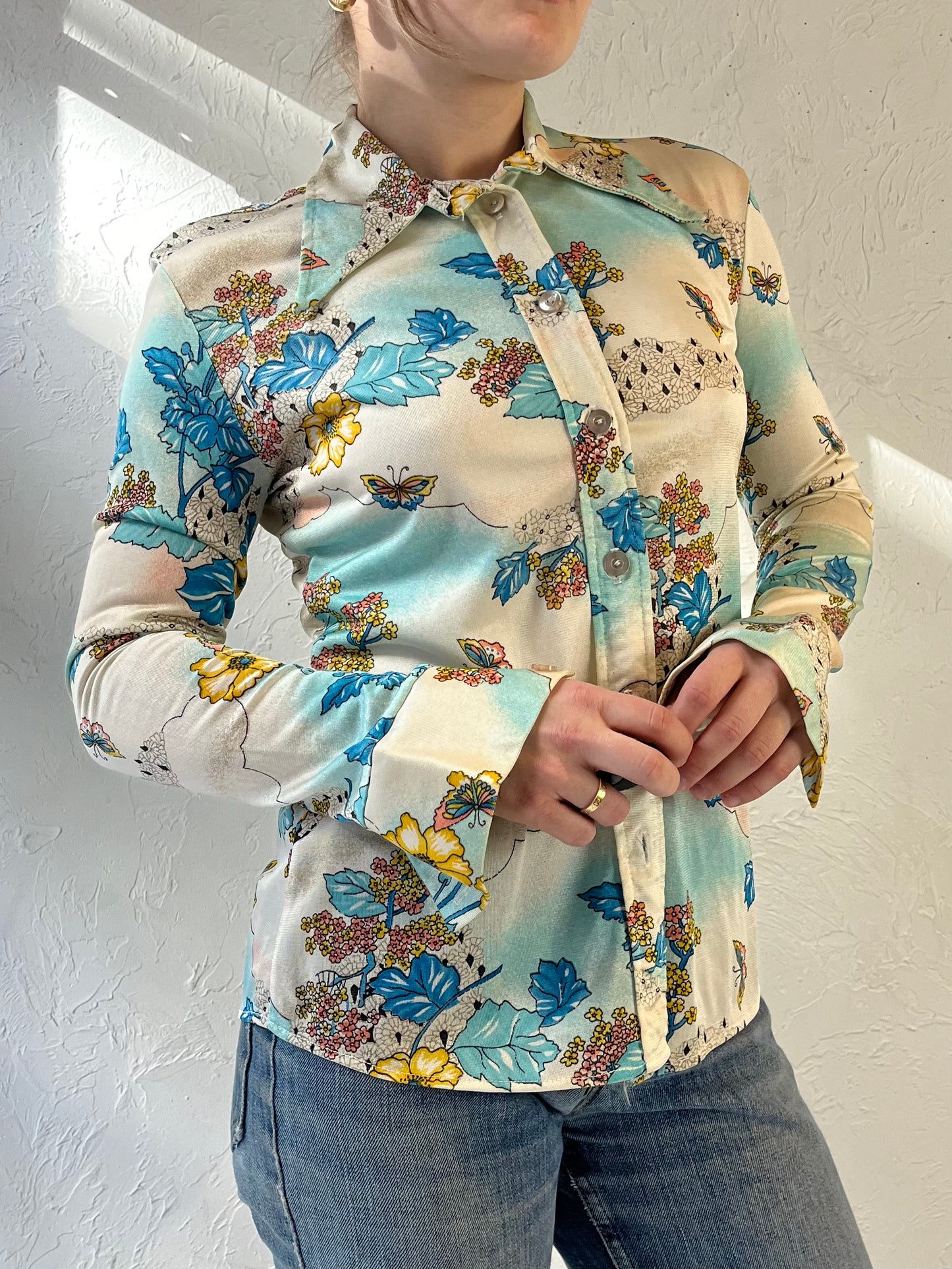 70s Union Made Blue Floral Button Up Blouse / Small