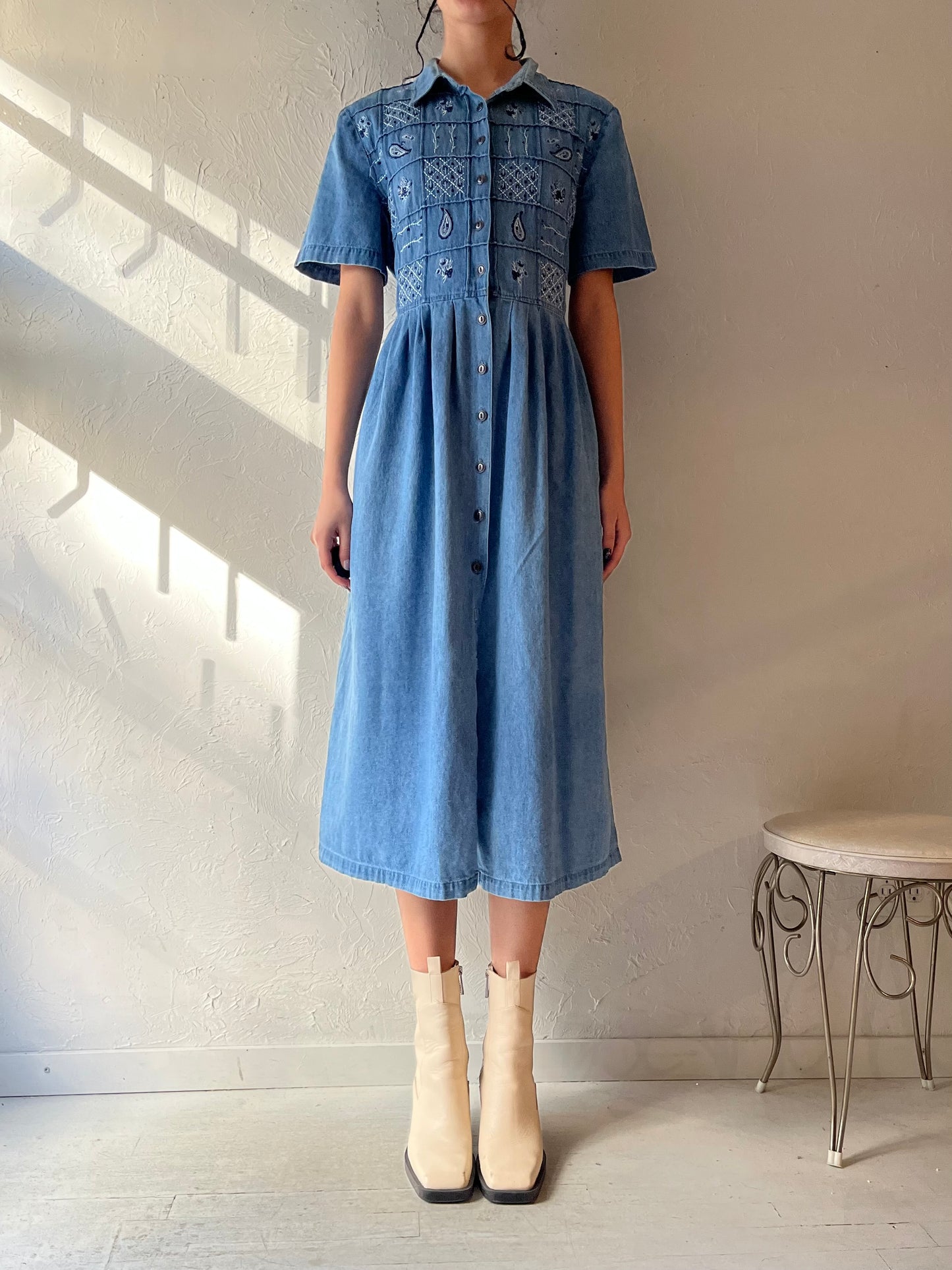 90s 'Traditions' Paisley Embroidered Denim Dress / Medium - Large