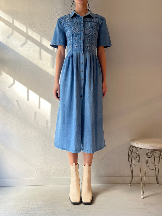 90s 'Traditions' Paisley Embroidered Denim Dress / Medium - Large