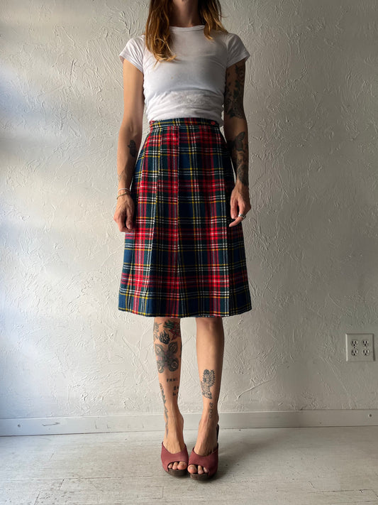 80s Vintage Wool Tartan Plaid Pleated Preppy Academia Fall Winter Midi Skirt / XSmall