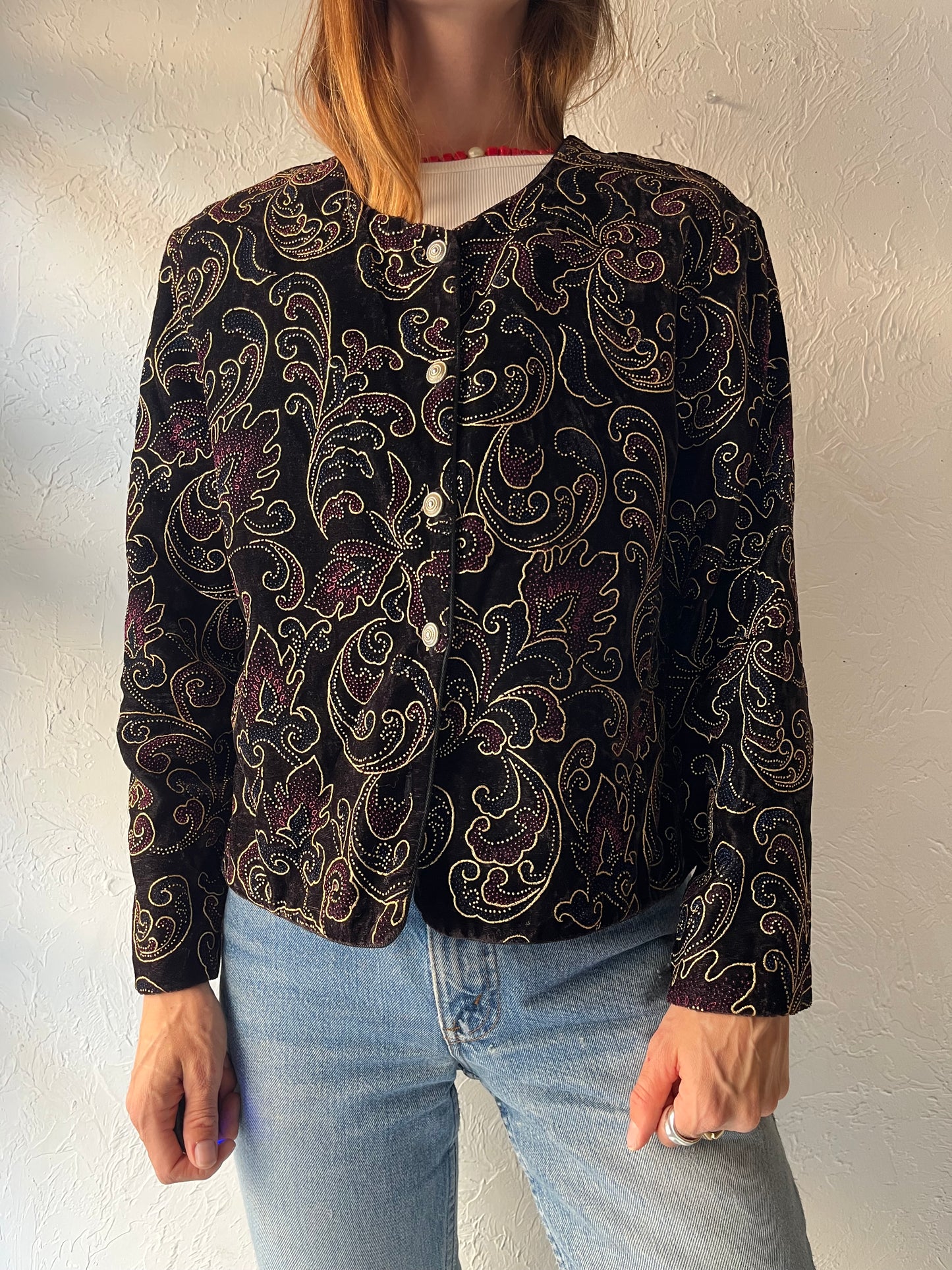 90s 'Trimmings' Black Velvet Floral Jacket / Medium