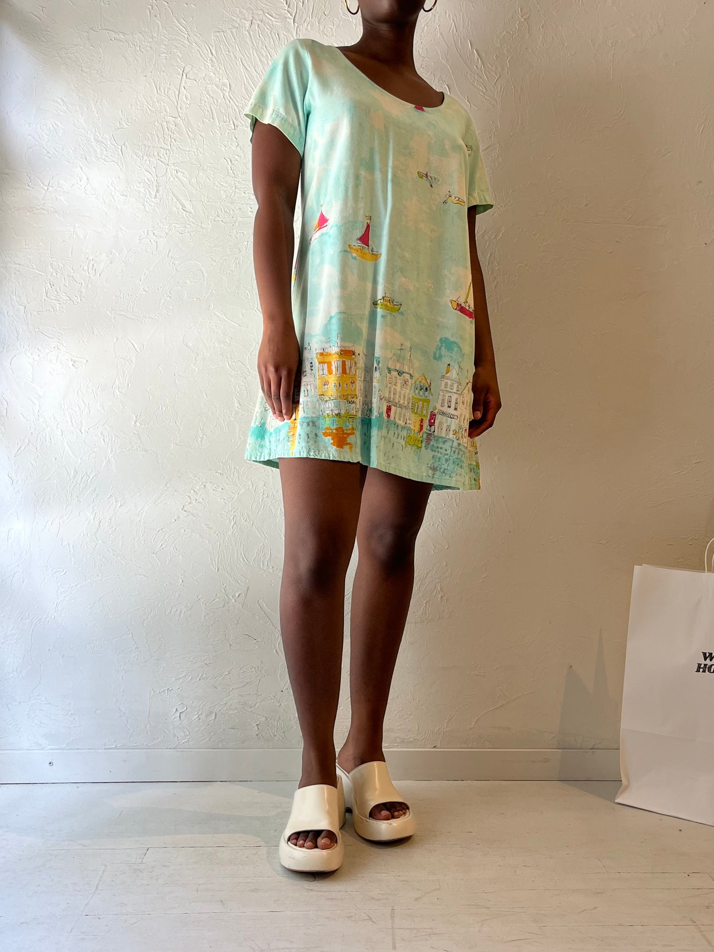 90s 'All Hours' Water Color Rayon Mini Dress / Large