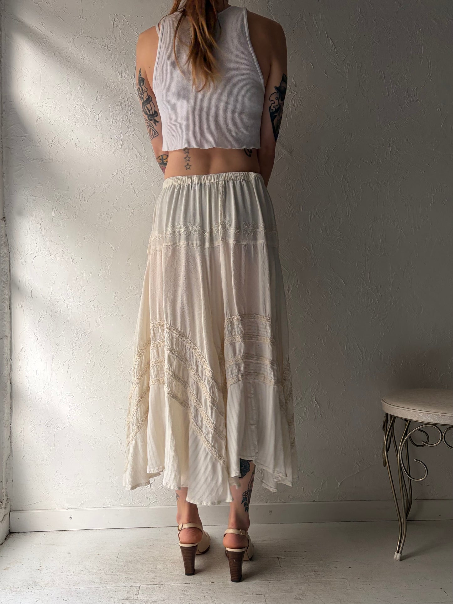 90s 'Papa' White Skirt Rayon Maxi Skirt / Medium