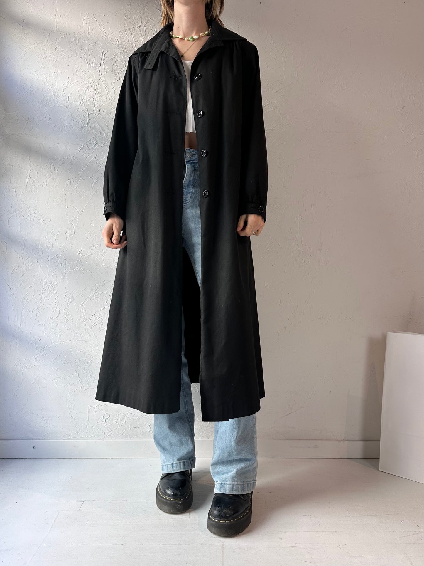 80s Black Faux Fur Lined Trench Coat / Union Made / Small