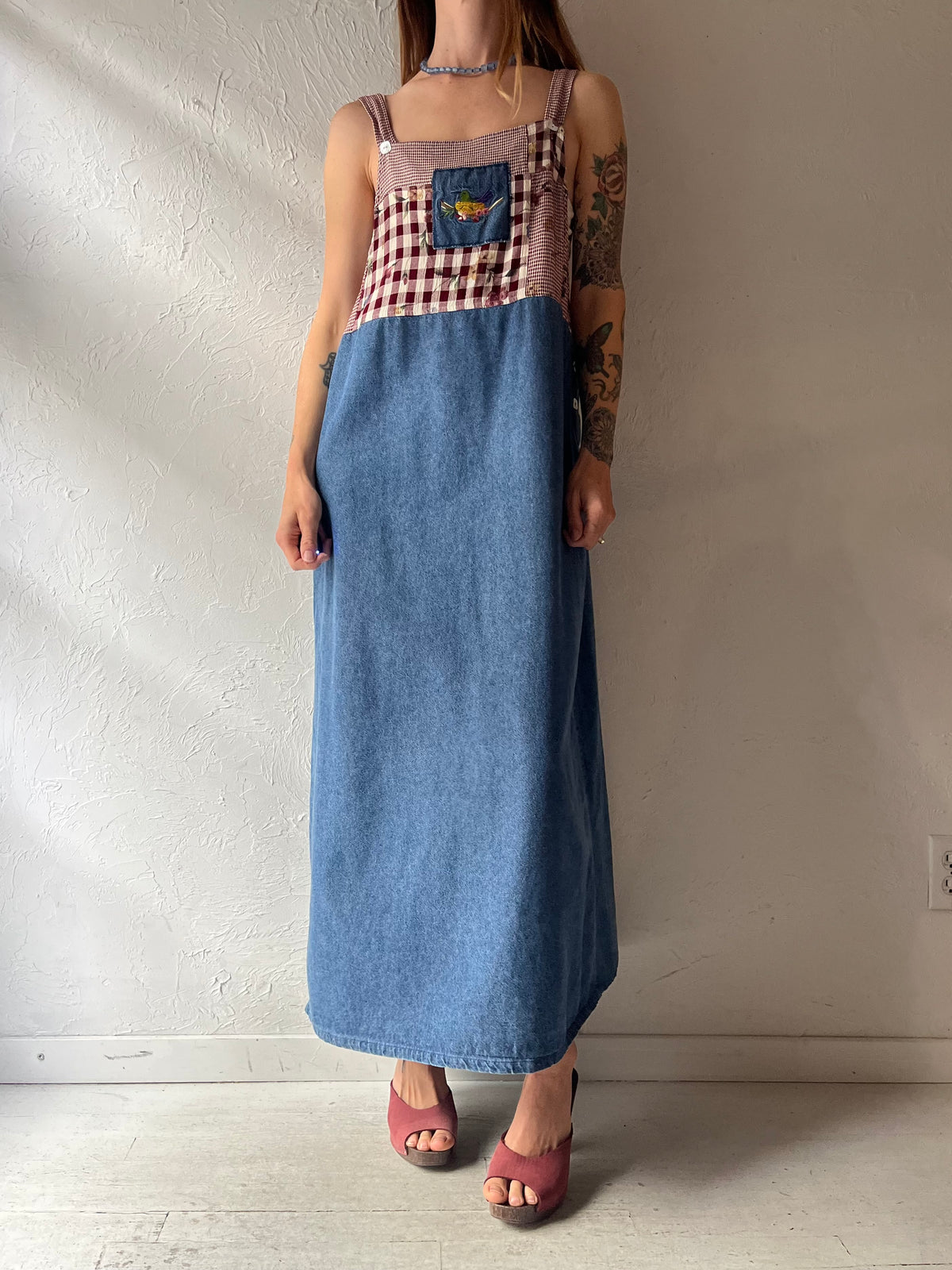 Y2k 'Teddi' Denim Gingham Pinafore Cottagecore Country Patchwork Summer Dress / Medium