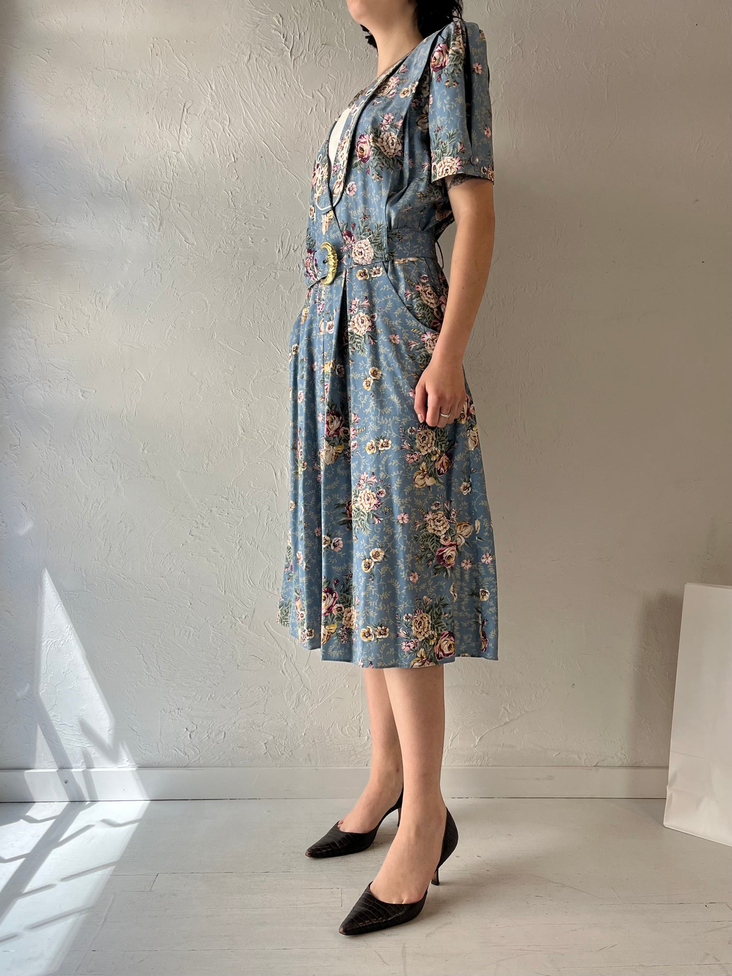 80s 'SL Petites' Blue Floral Print Collared Dress / Medium