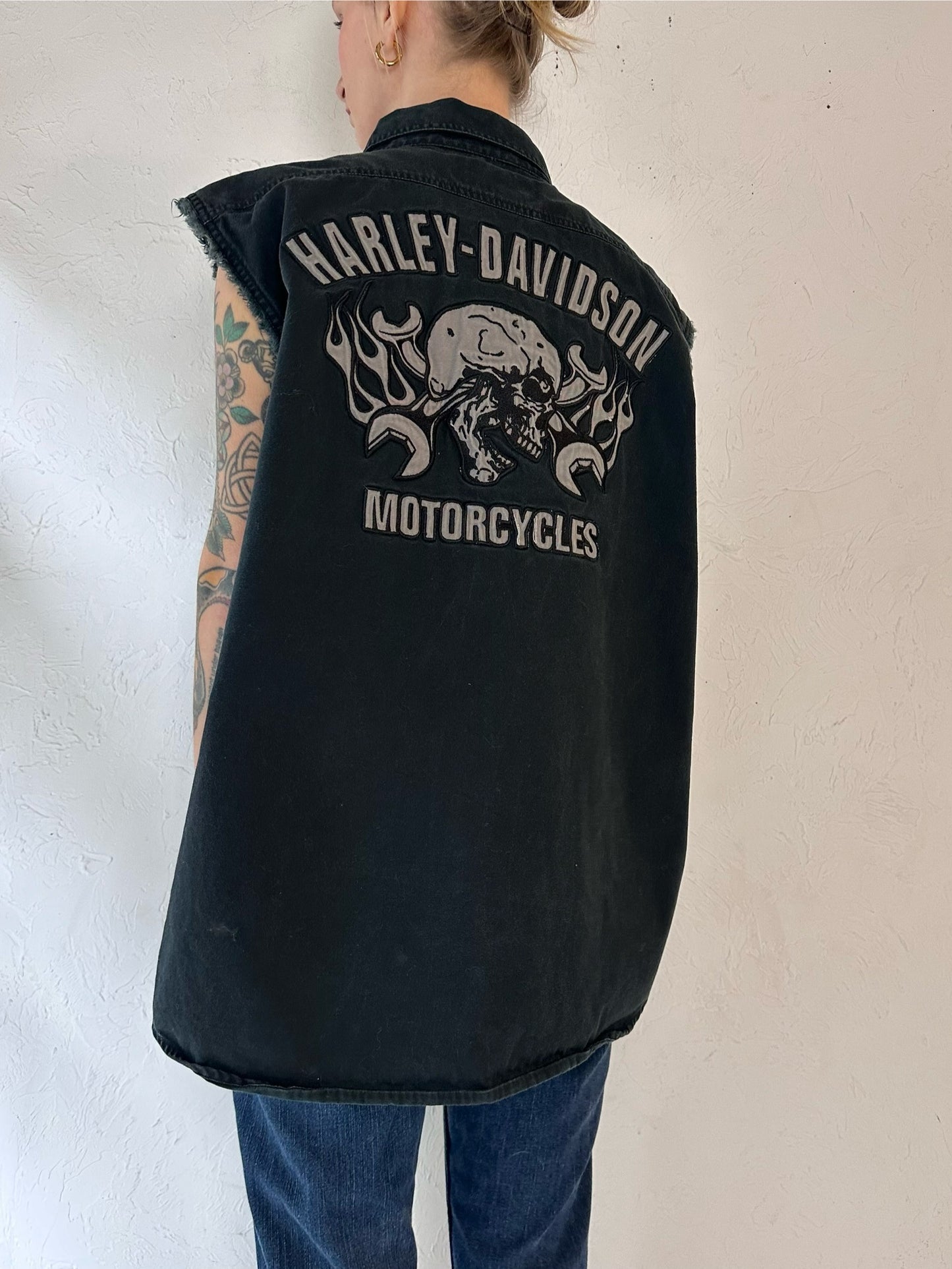 Y2k 'Harley Davidson' Black Denim Vest / Large
