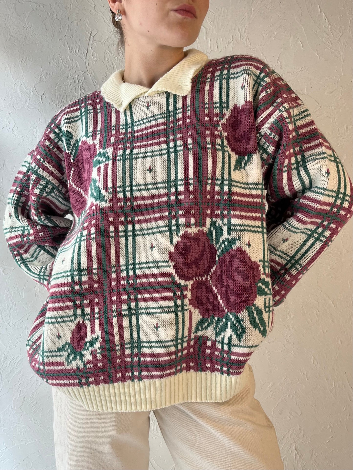 90s 'Cricket Lane' Floral Acrylic Knit Sweater / Medium