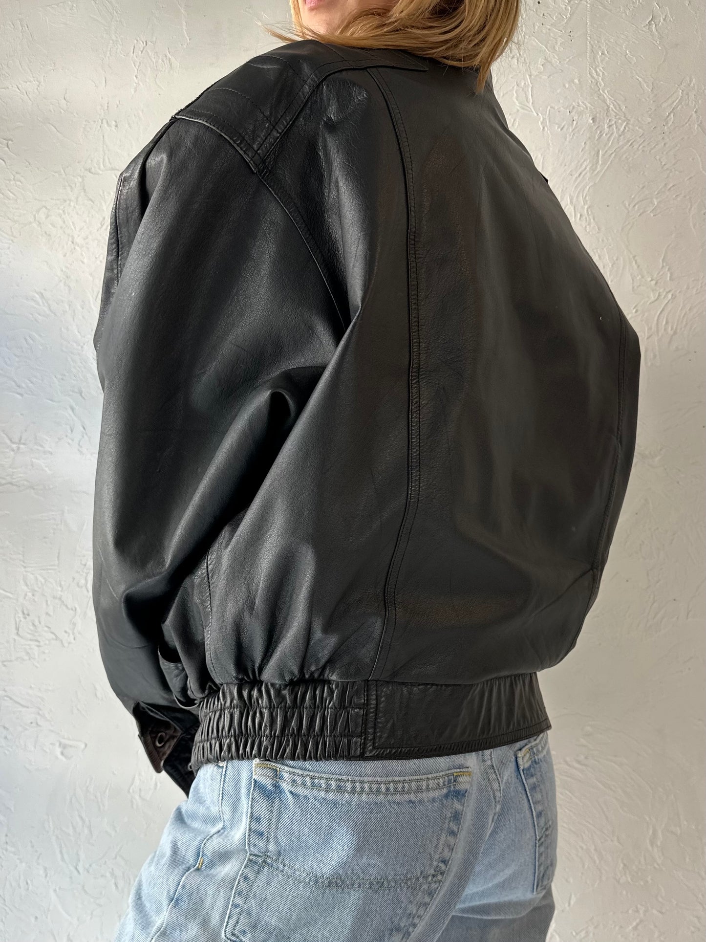 90s 'Byrnes & Baker' Black Leather Bomber Jacket / Medium