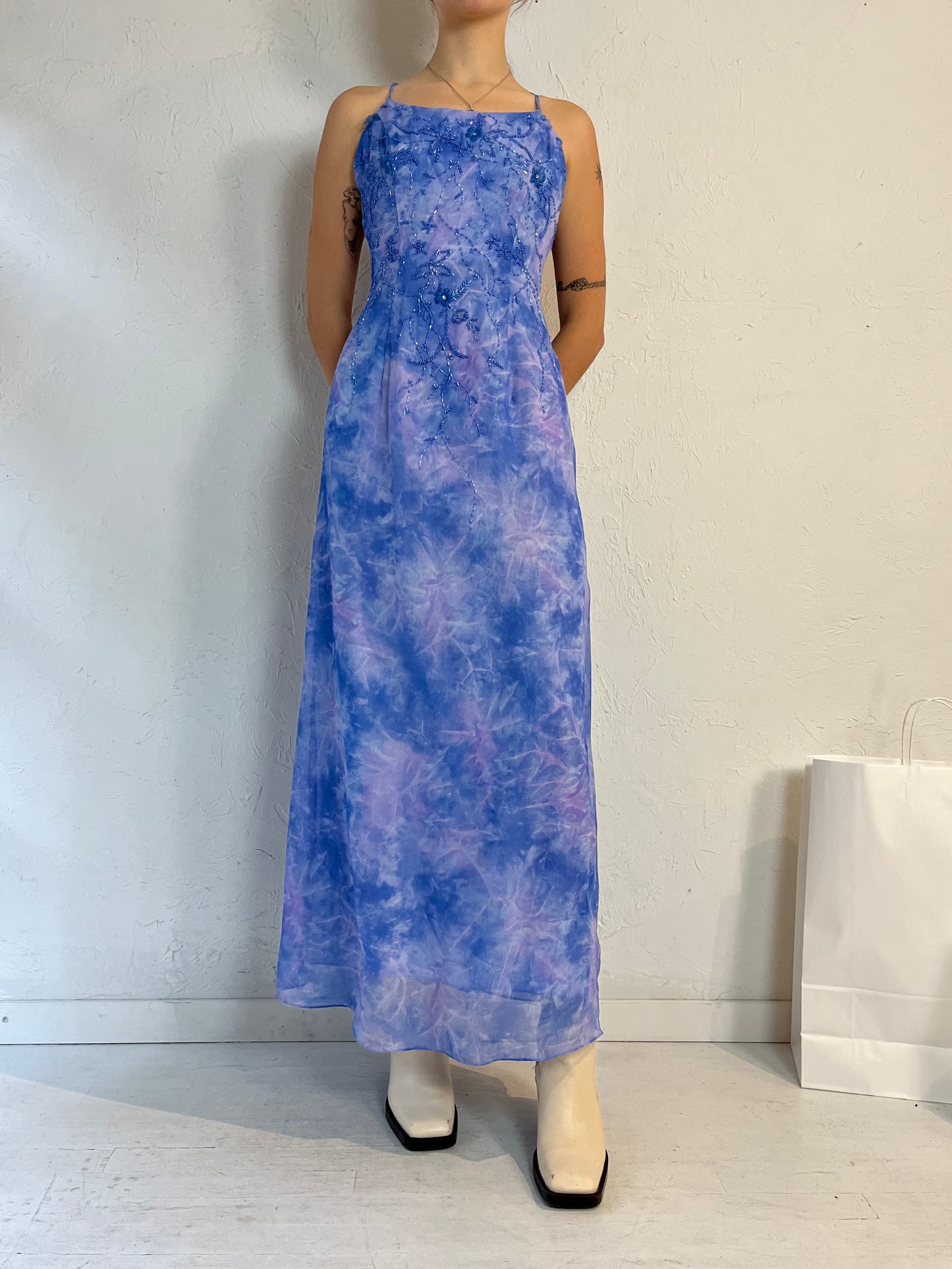 Vintage Handmade Blue Beaded Sleeveless Dress / Small