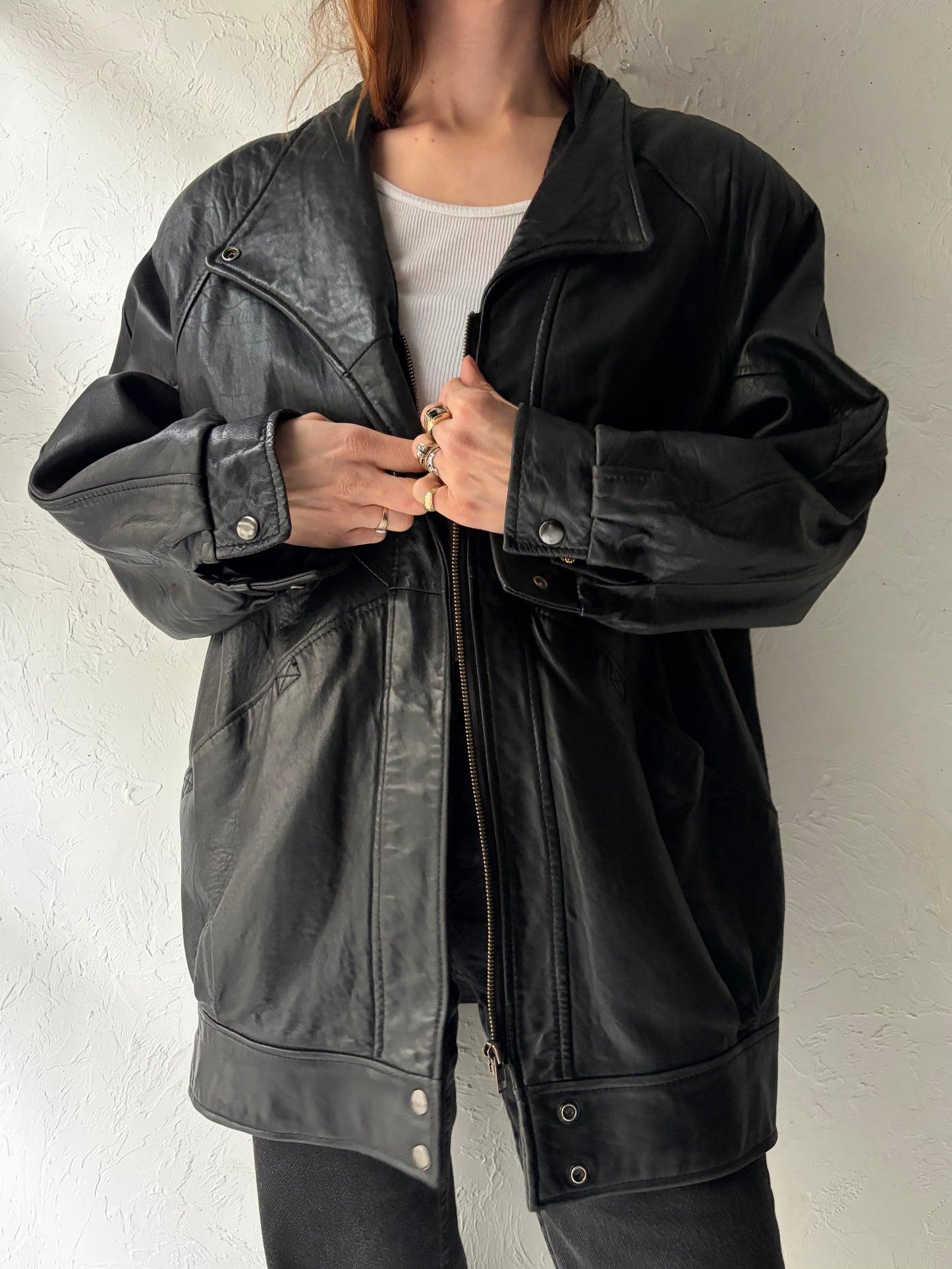 90s 'Liz Phillips' Black Leather Jacket / Large