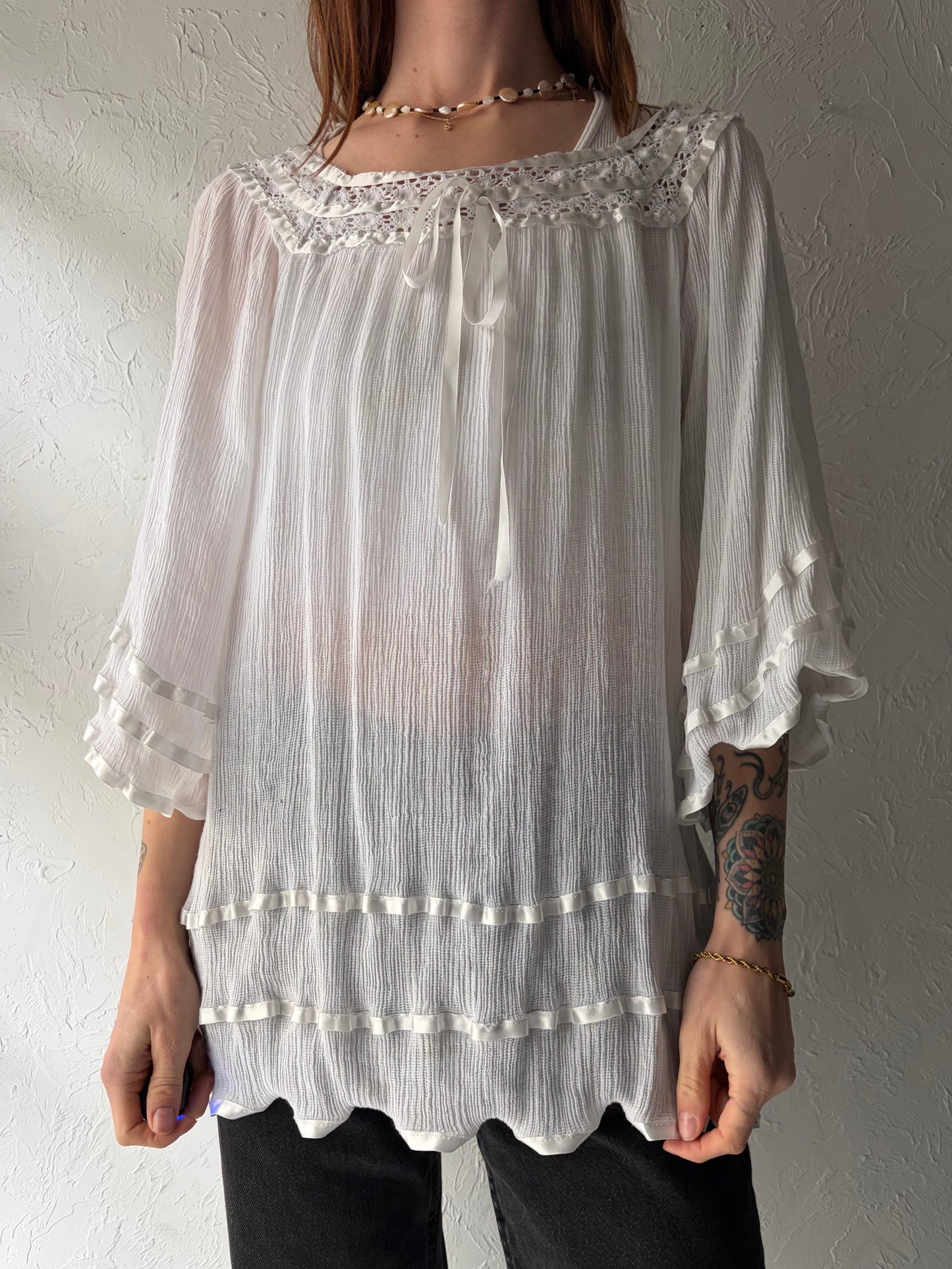 Vintage White Cotton Gauz Hippie Boho Crochet Top / Small