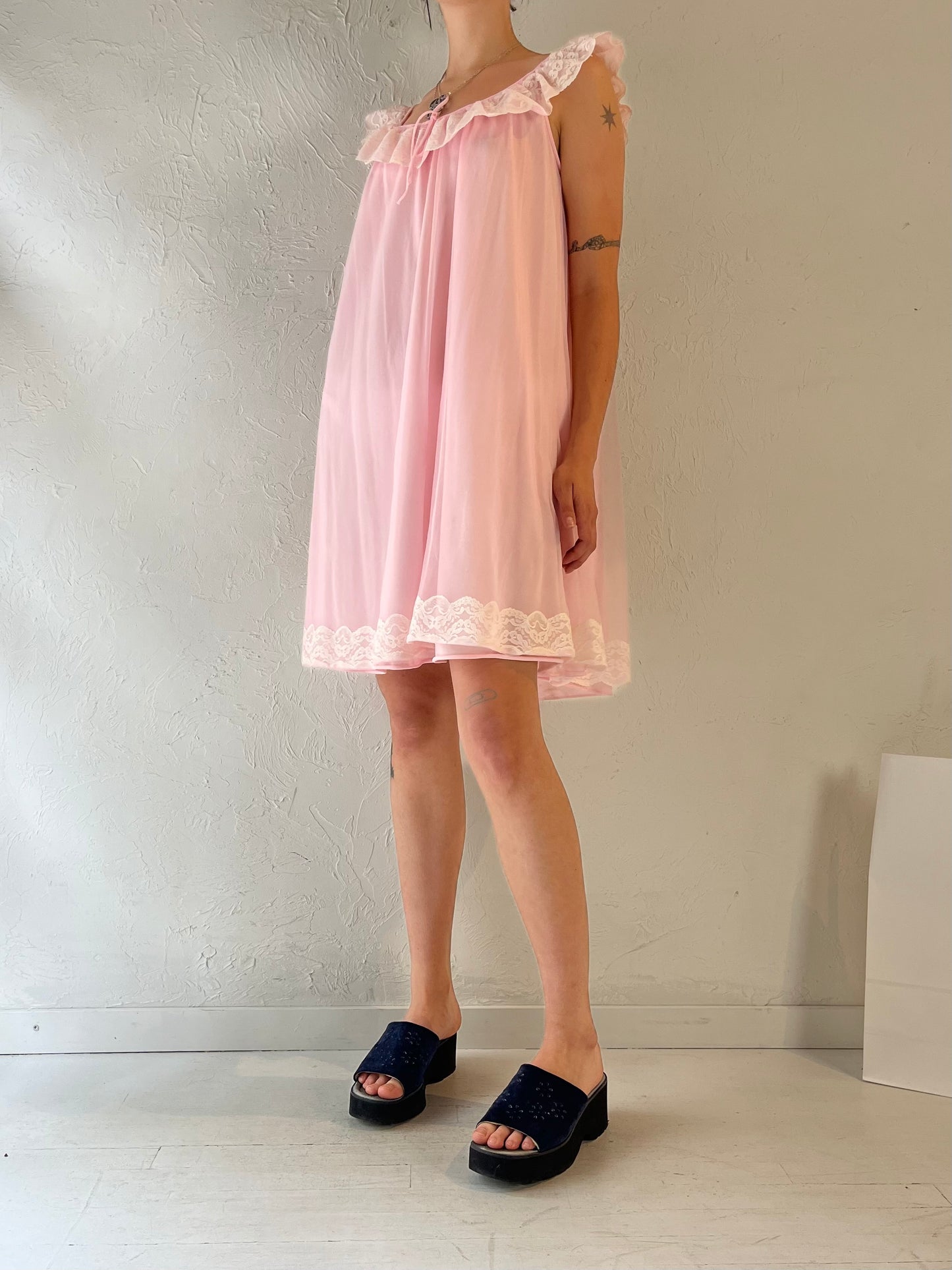 Vintage Pink Lacey Mesh Mini Night Gown / Small