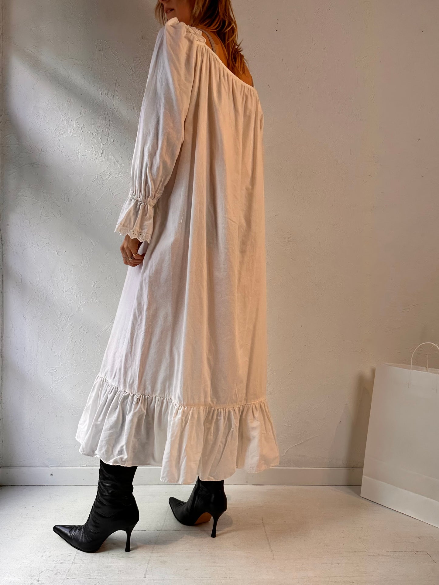 Y2k 'Victoria Secret' White Long Sleeve Cotton Dress / Small