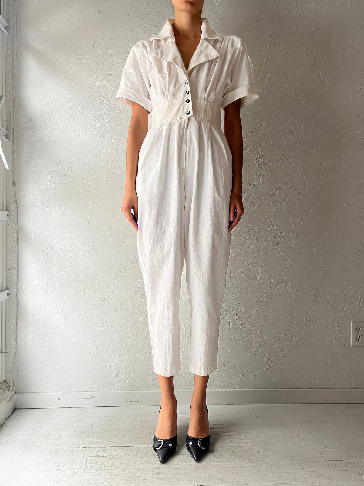 Vintage White Cotton Collared Retro Jumpsuit / Small