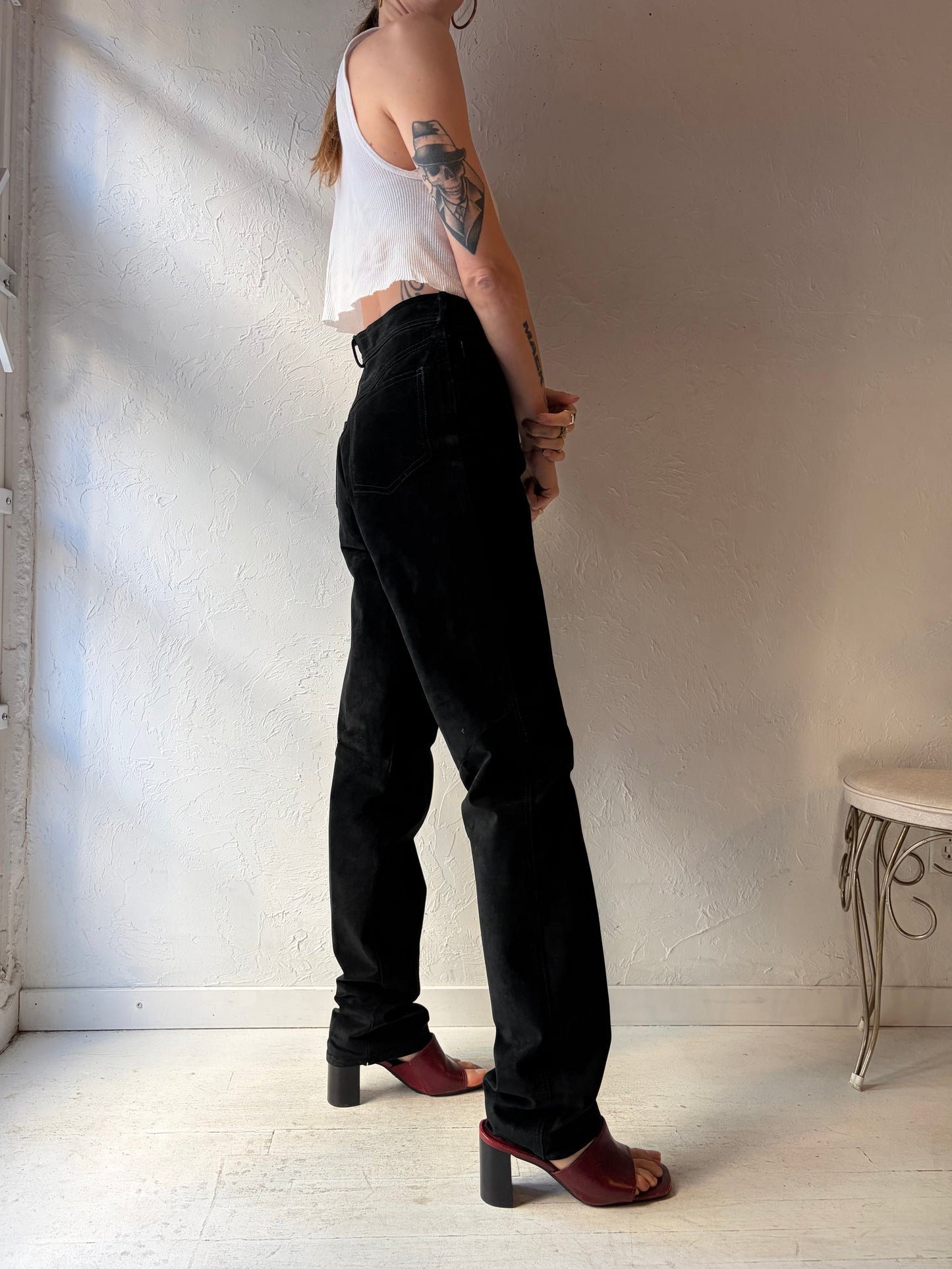 90s 'Danier' Black Suede Leather Pants / Small