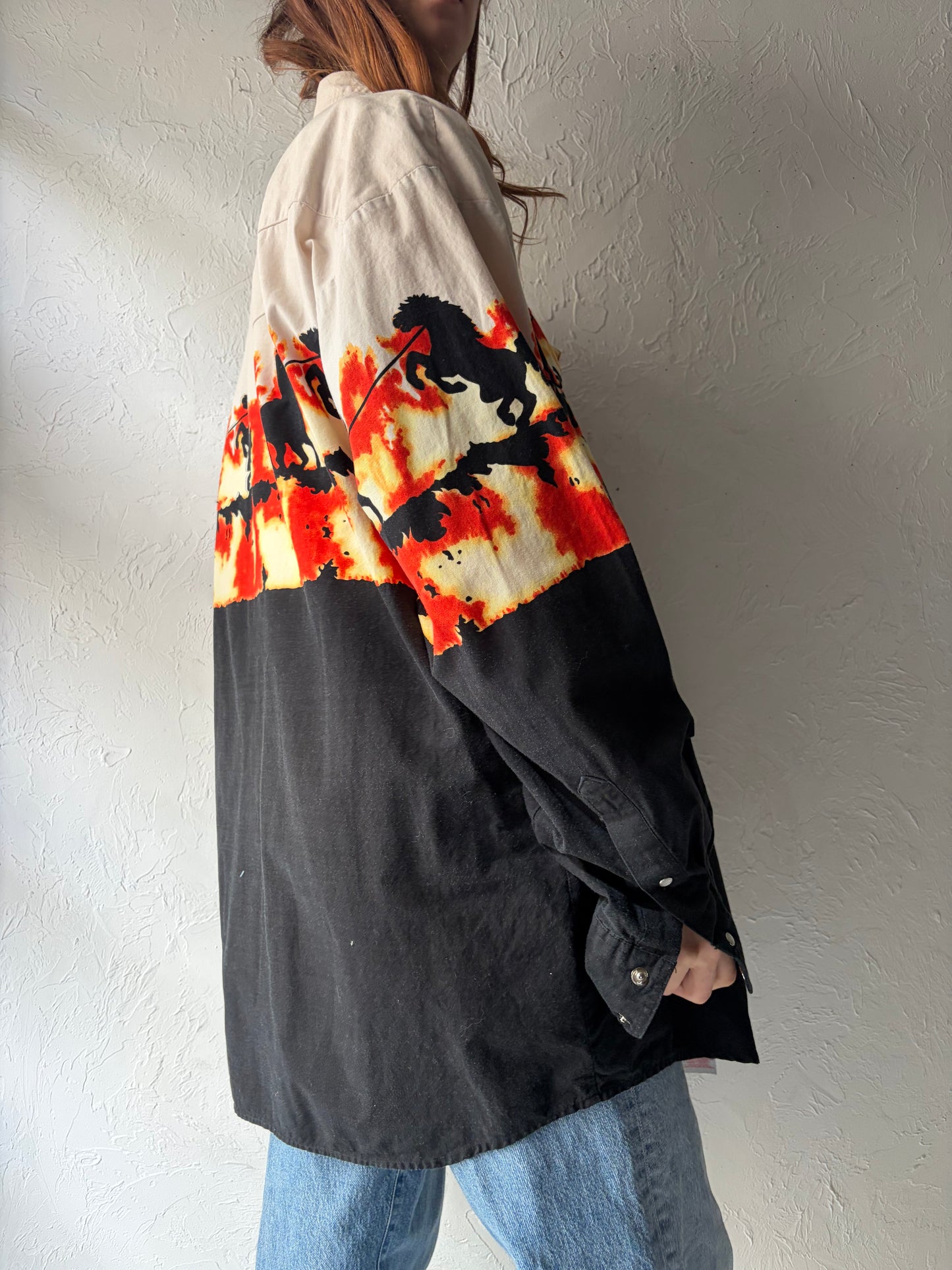 90s 'Ash Creek' Western Pearl Snap Horse Print Shirt / XL