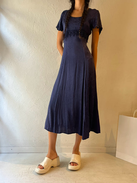 90s 'Jody' Navy Blue Silky Rayon Midi Dress / Small - Medium