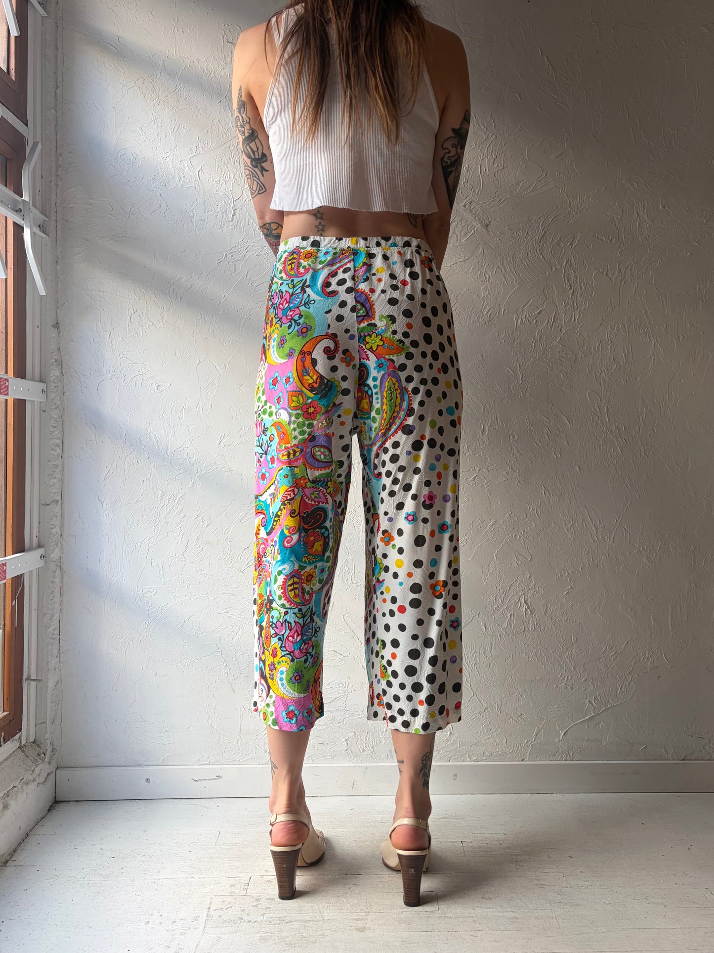 90s 'Jams World' Patterned Rayon Capri Pants / Medium