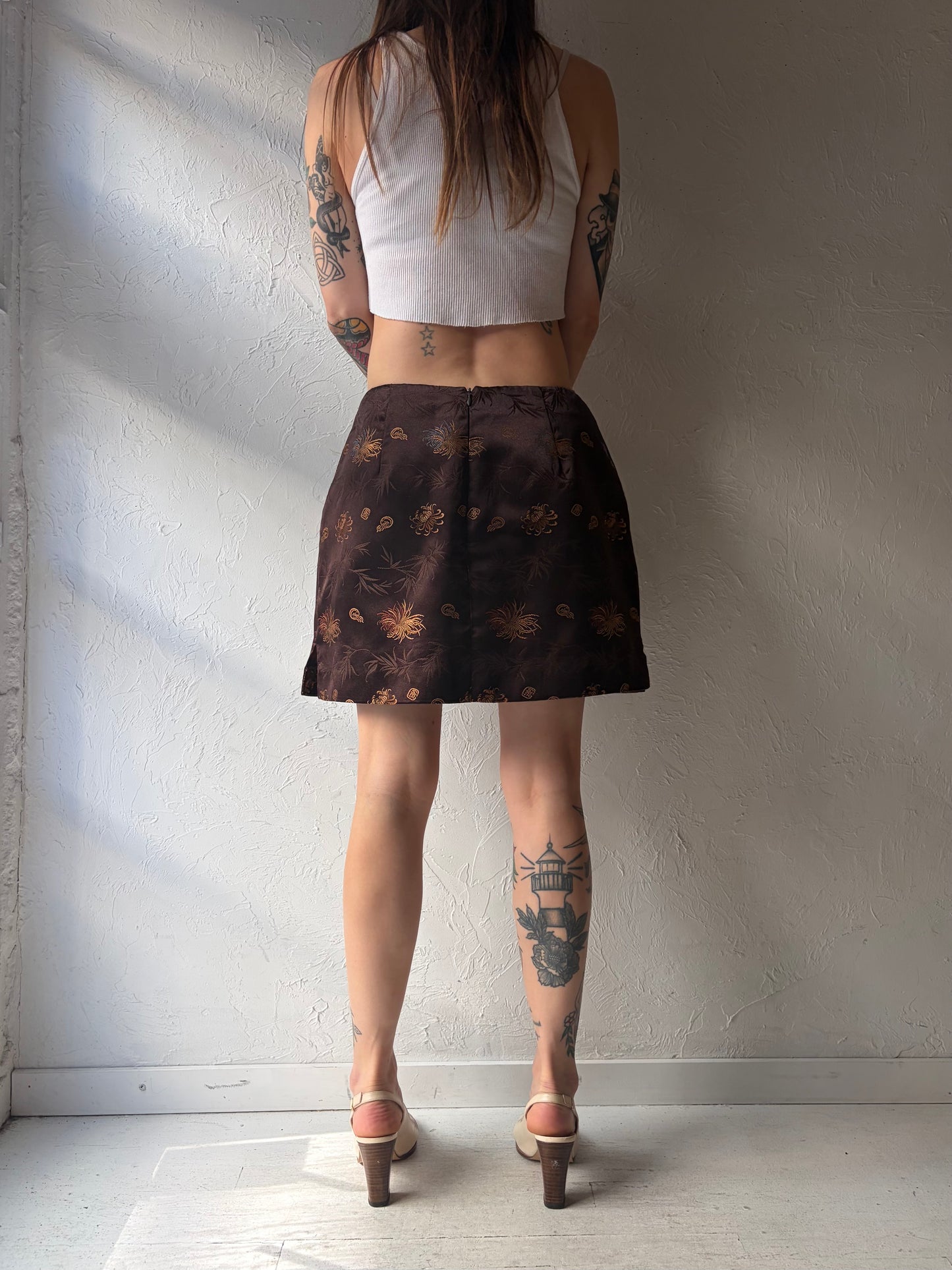 80s 'Item' Brown Floral Pattern Retro Mod Micro Mini Skirt / Medium