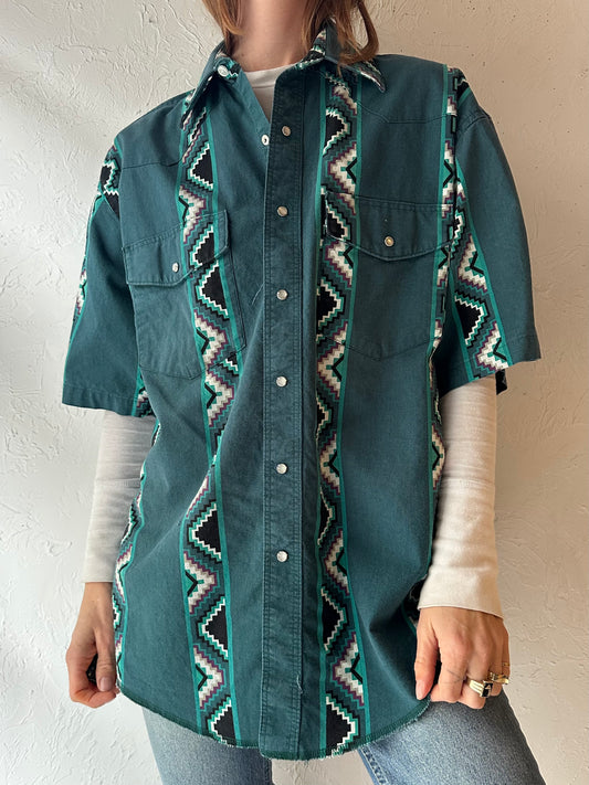 80s 'Wrangler' Green Aztec Short Sleeve Shirt / Medium