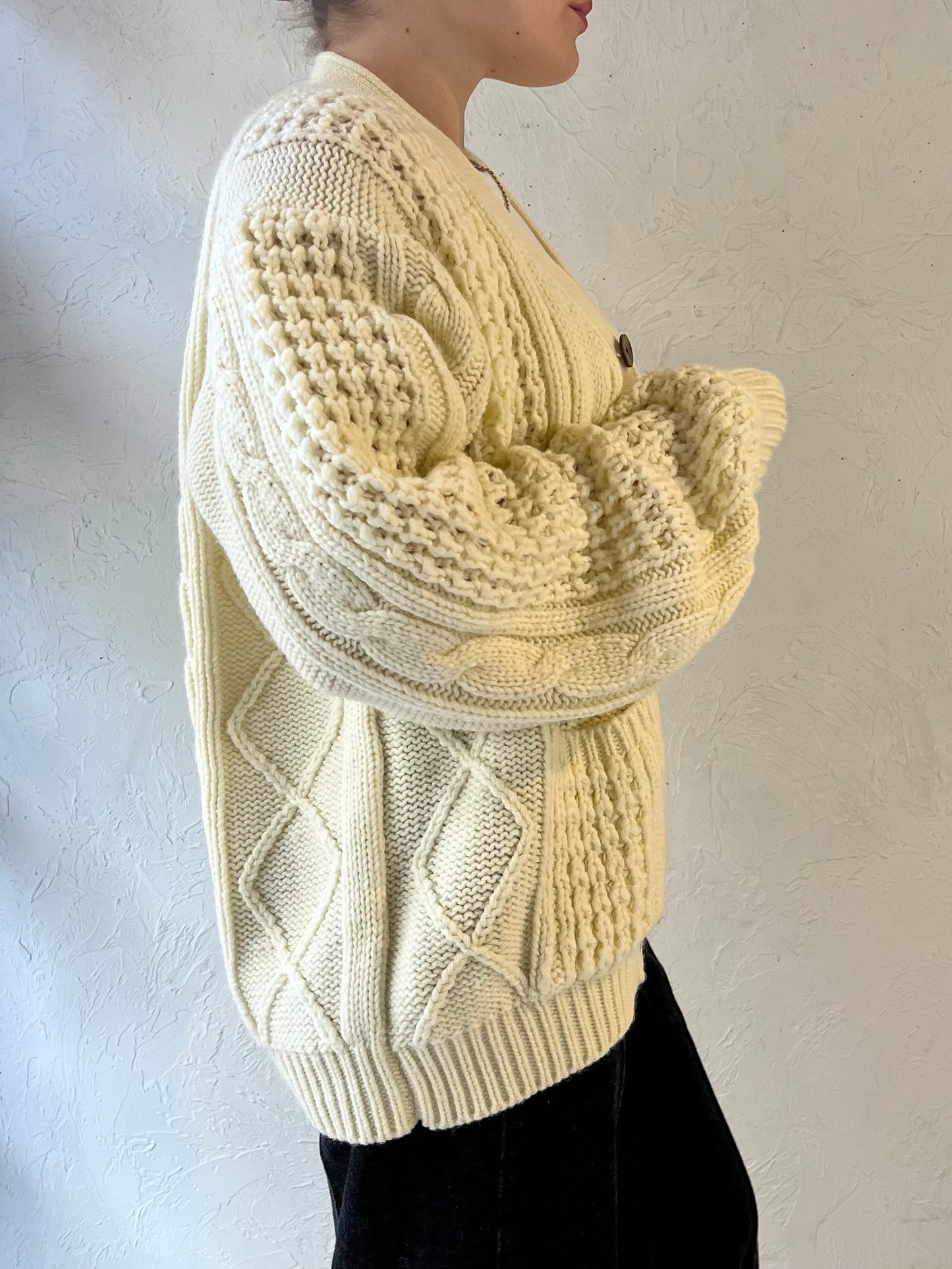 80s 'Sears' Acrylic Cream Cable Knit Cardigan / Medium