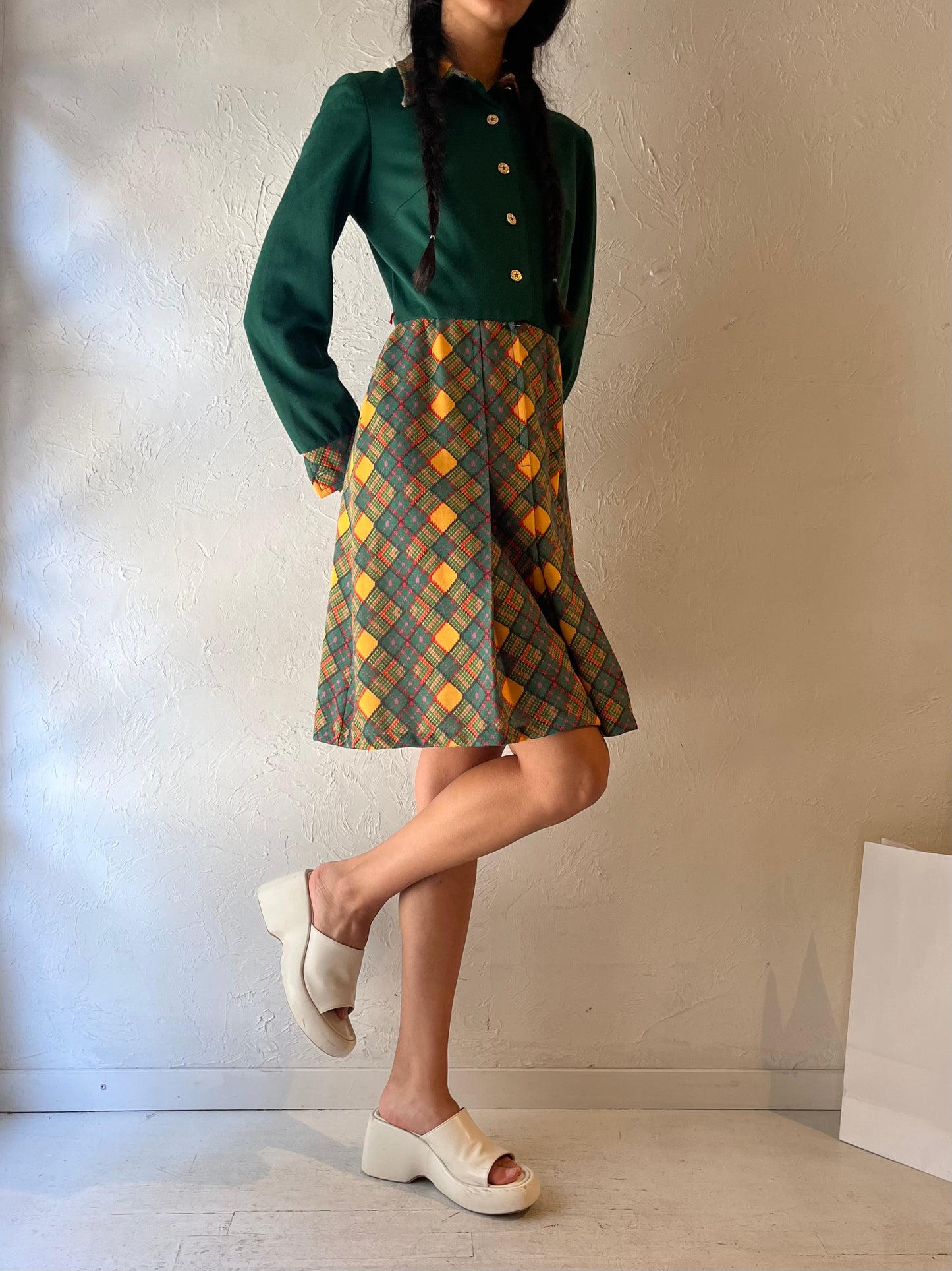 70s 'Pacemaker' Green Long Sleeve Knit Dress / Union Made / Small