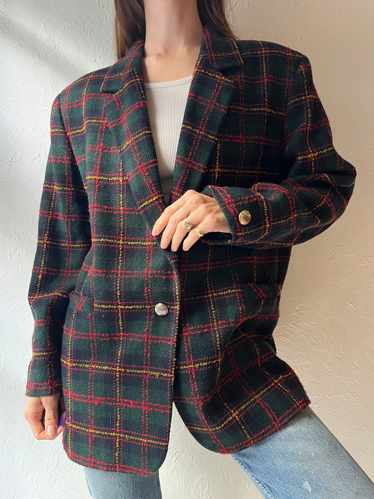 90s 'Bianca' Green Plaid Preppy Academia Oversized Blazer Jacket / Large