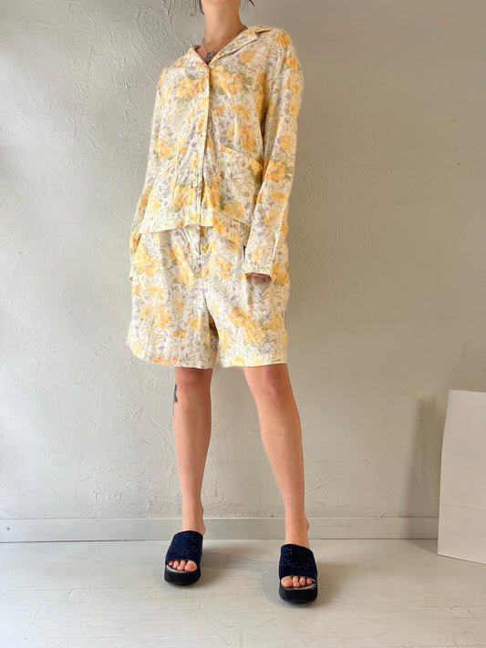 90s 'Jones Wear' Yellow Floral Linen Set / Large