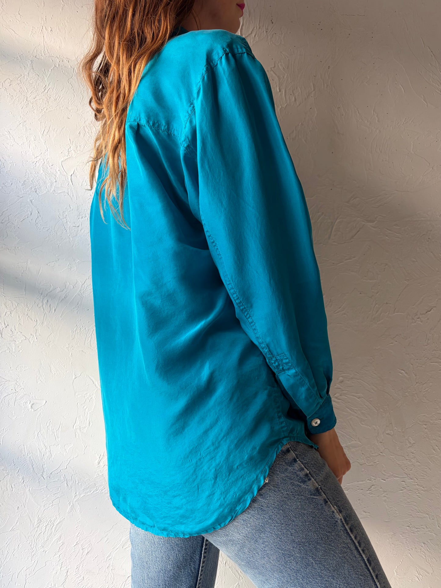 90s 'Liz Wear' Blue Silk Shirt / Small