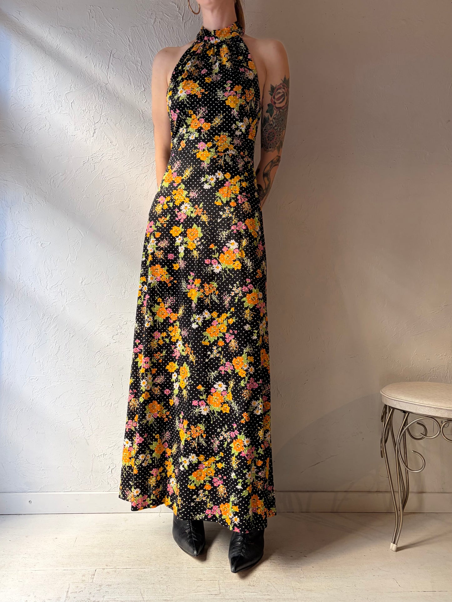60s 70s Union Made Black Floral Hippie Halter Maxi Dress