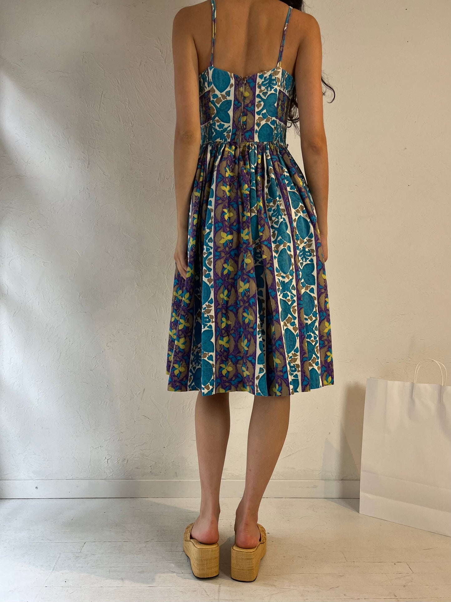 Vintage Handmade Blue Floral Midi Dress / Small