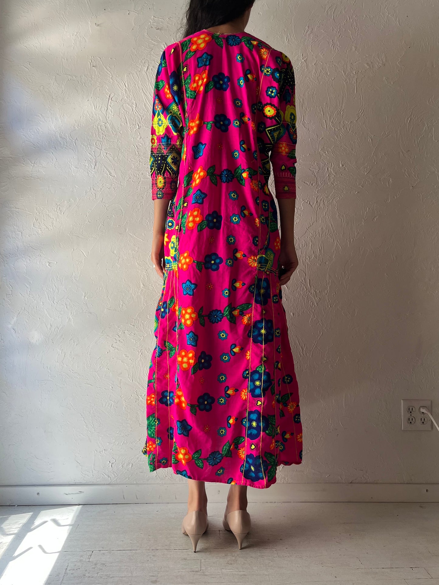 Vintage Handmade Pink Floral Retro Boho Hippie Summer Maxi Dress / Medium