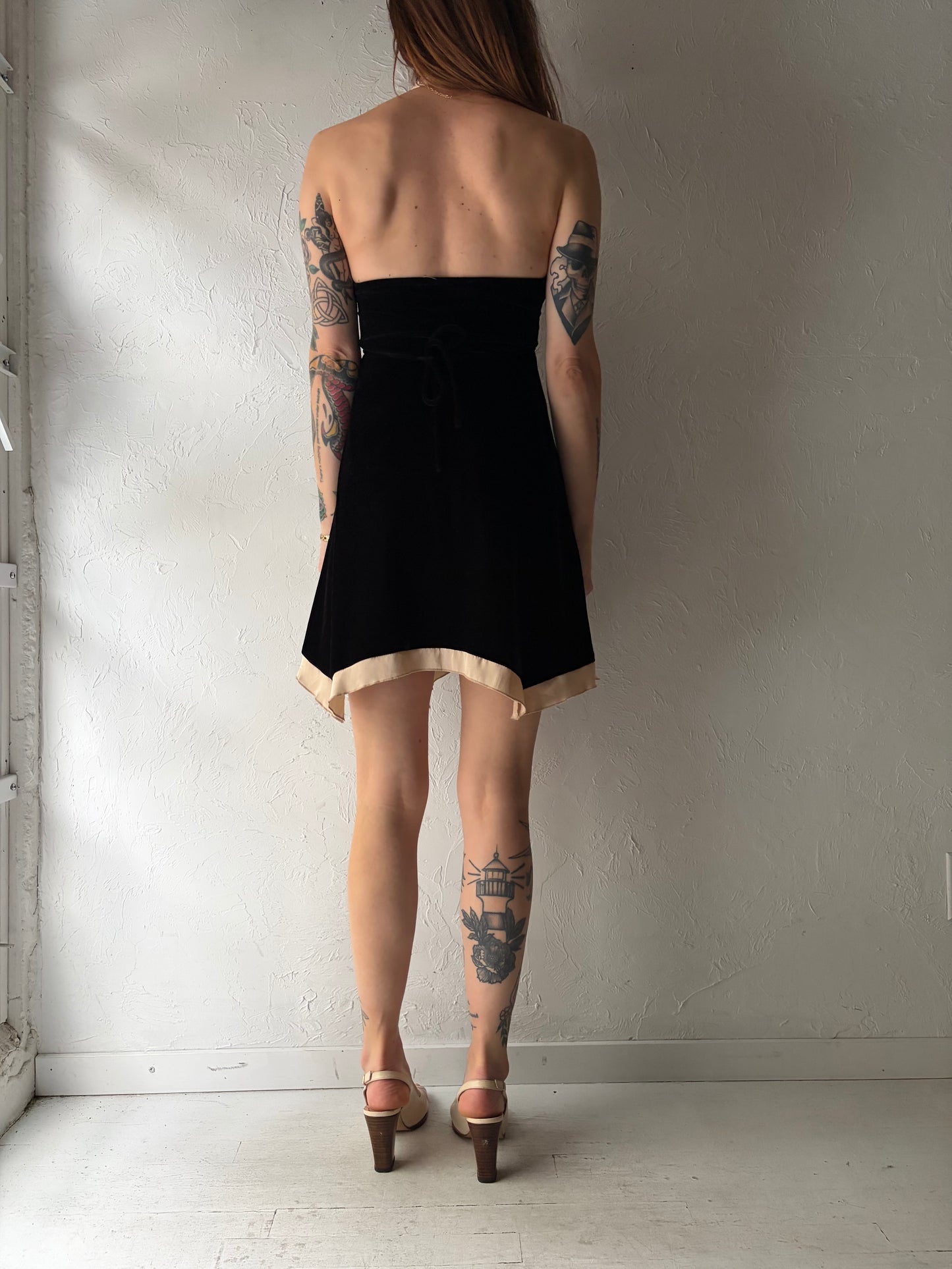 Y2k Black Velvet Halter Mini Dress / Vintage 2000s Gothic Party Dress / XS