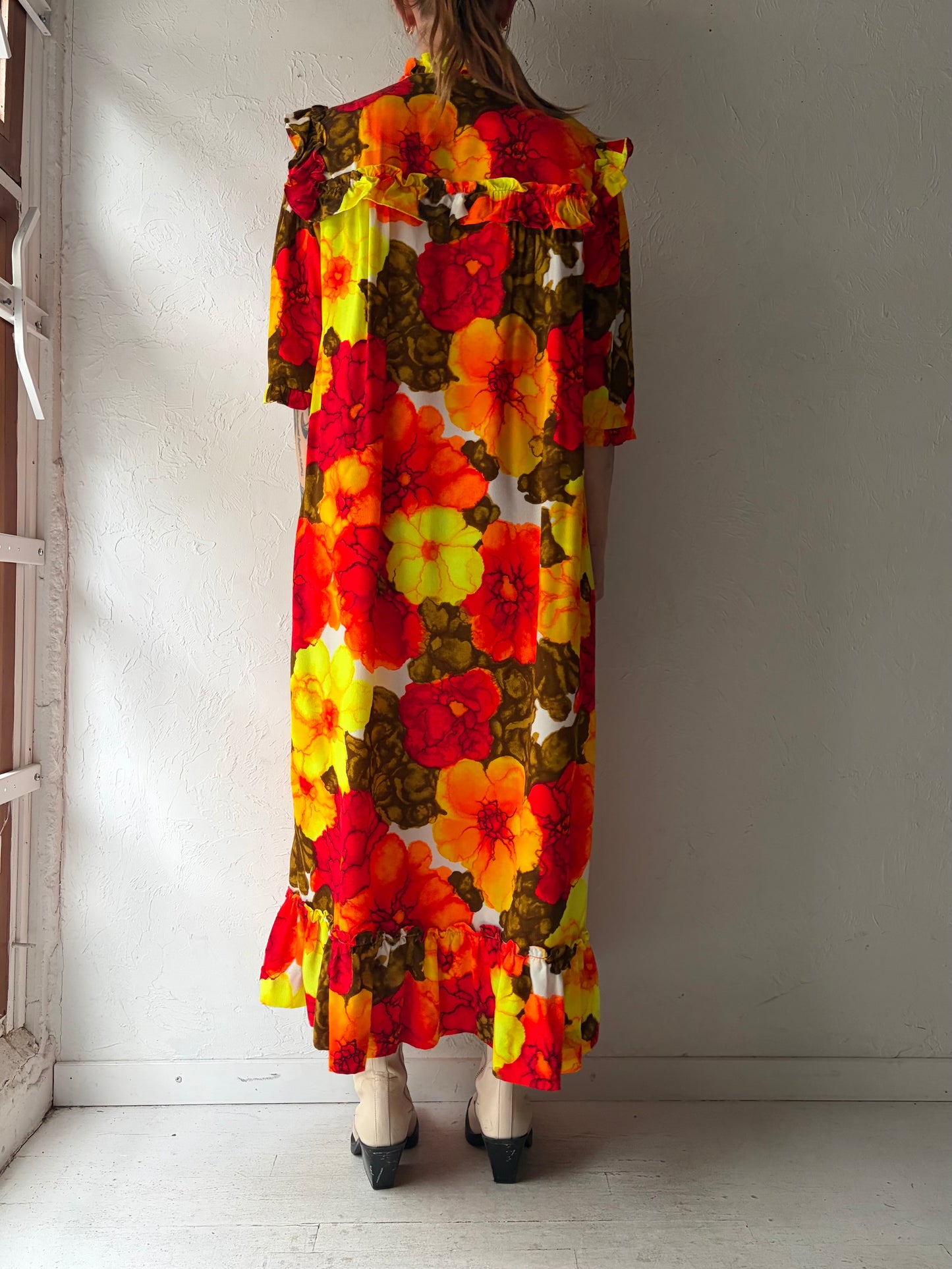 70s 'Hilo Hattie' Neon Floral Print MuuMuu Maxi Dress / Large