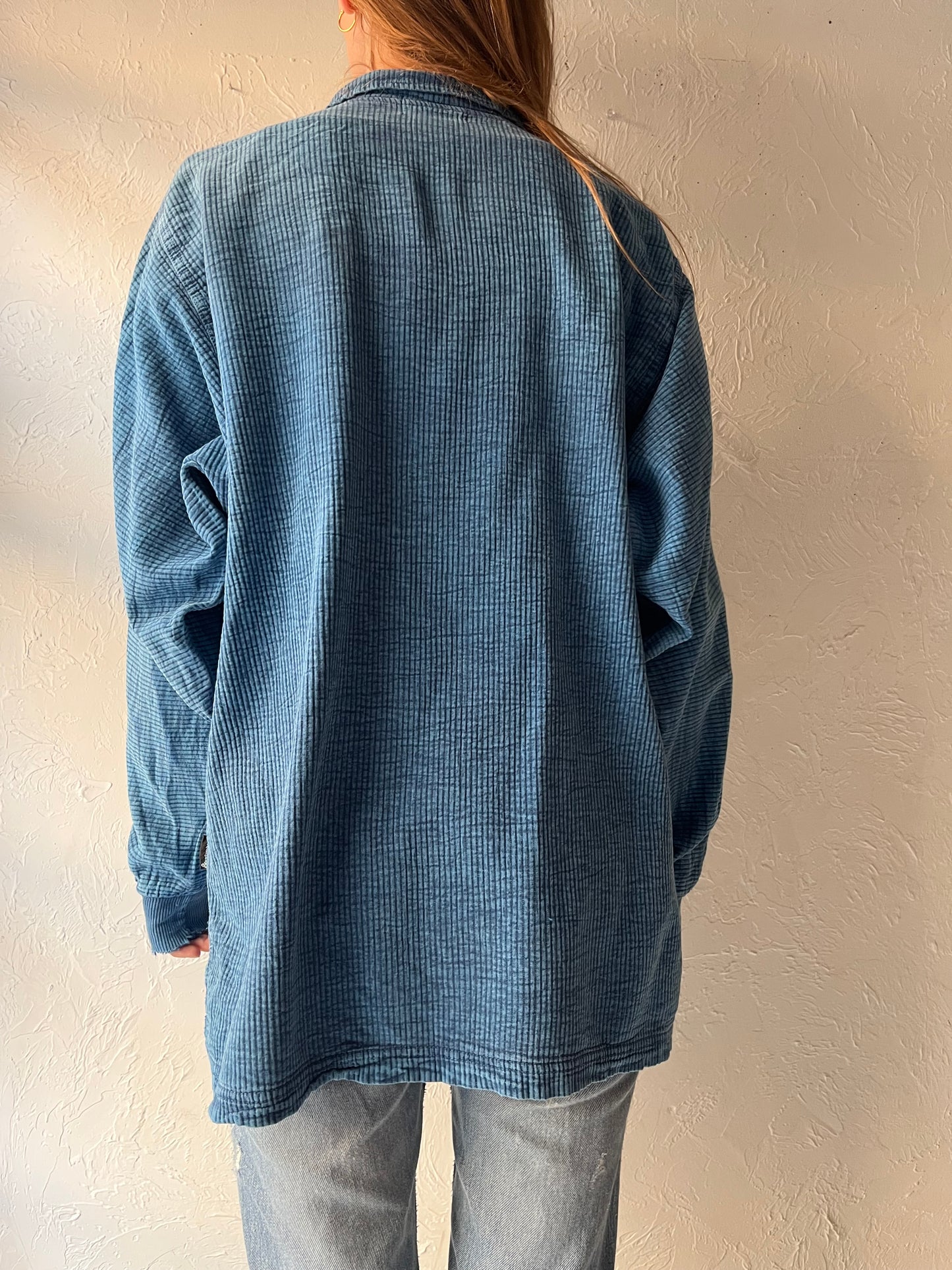 90s 'Ezze Wear' Blue Corduroy Half Zip Shirt / Large