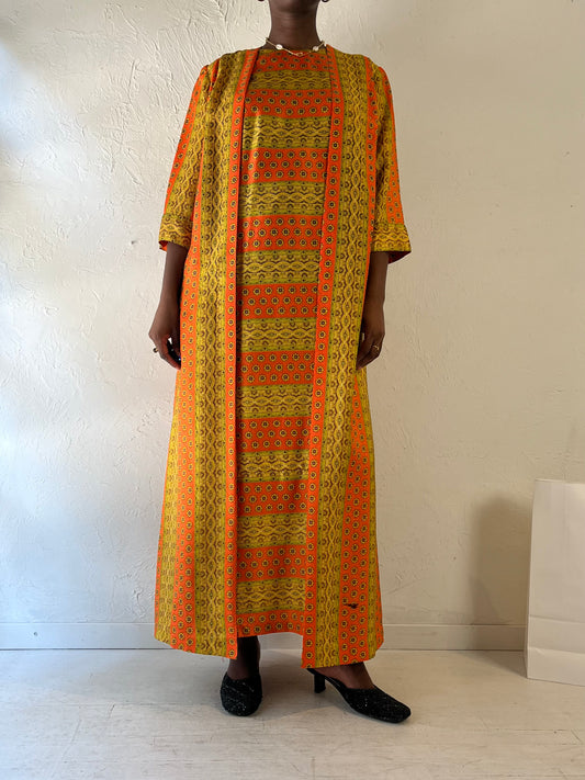 70s ‘Fifth Avenue Robes’ Orange Patterned Kaftan / Medium