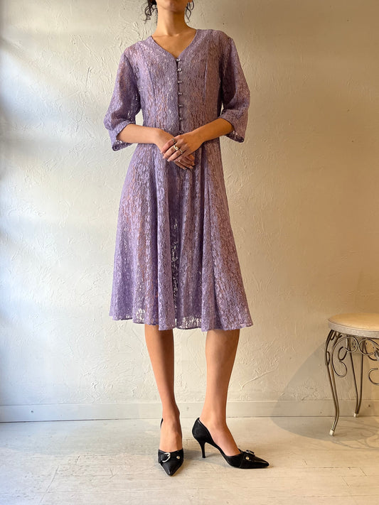 90s Purple Sheer Lace Midi Dress / Medium
