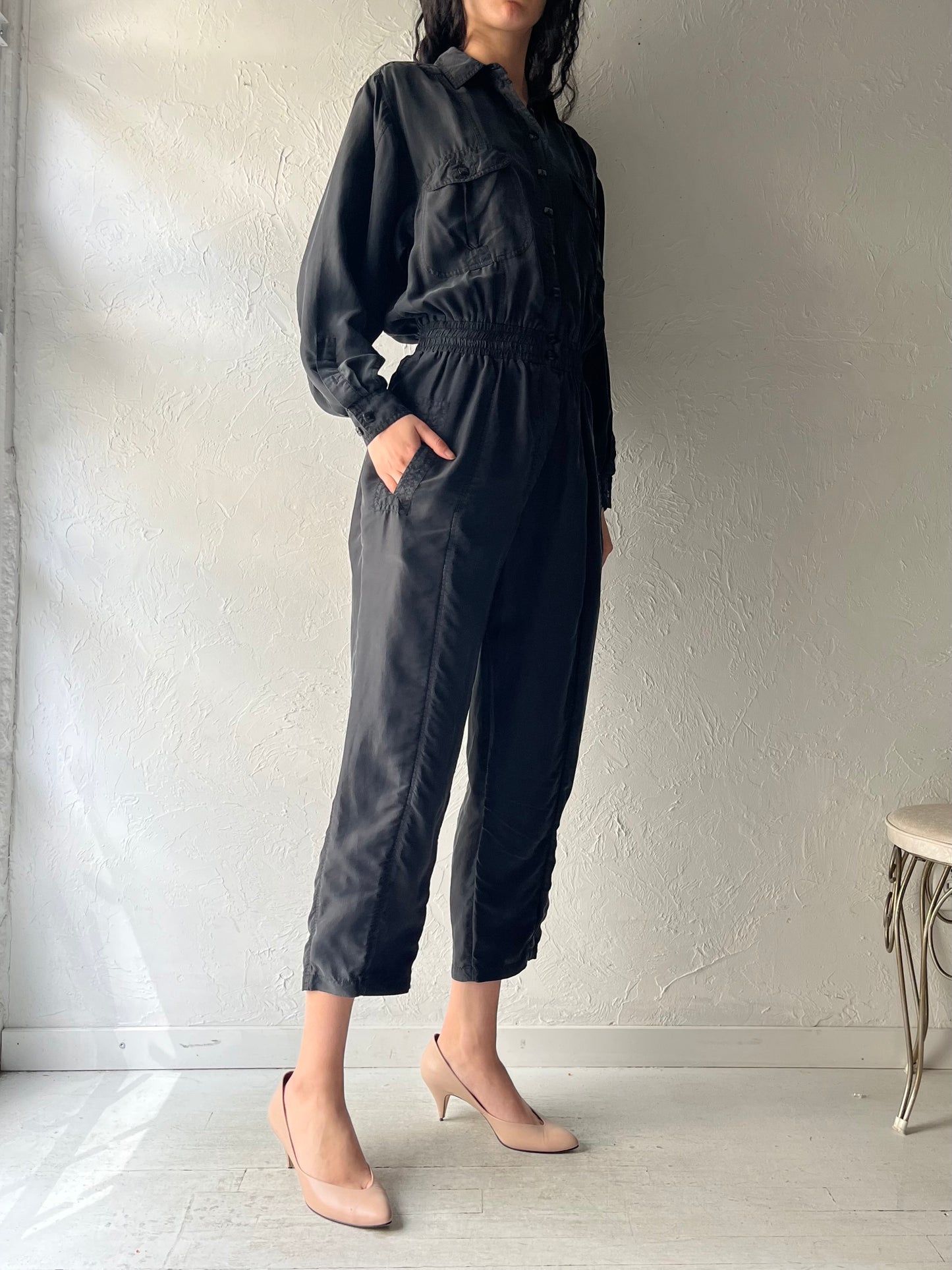 90s 'Sandwash' Black Retro Silk Jumpsuit / 1990s Minimalist One Piece / Small