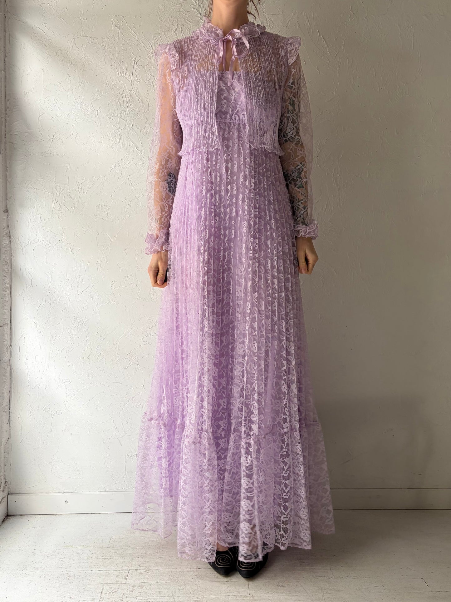 70s Purple Lace Maxi Dress and Jacket / Small