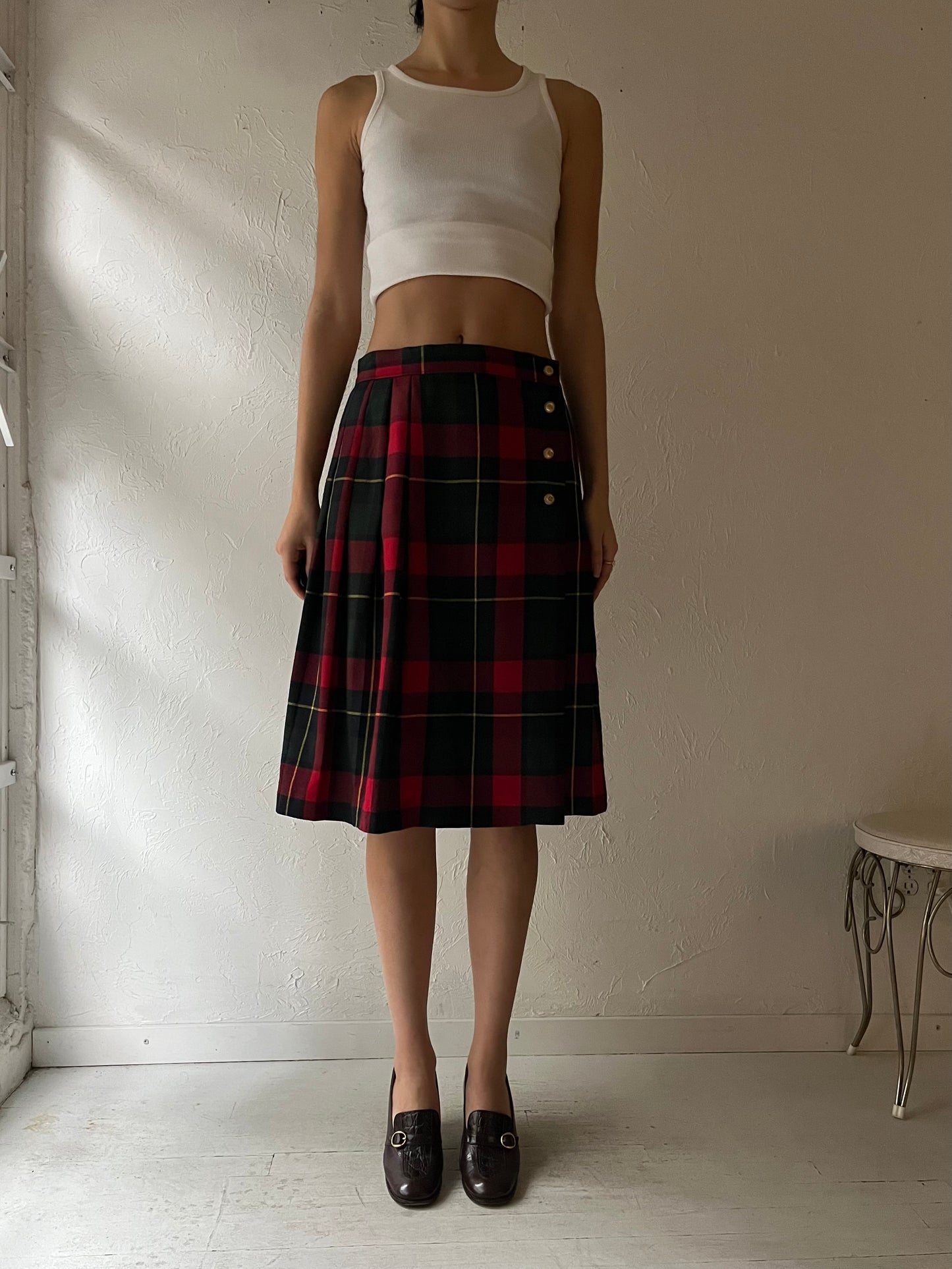 90s 'Nygard' Plaid Wool Midi Skirt / Medium