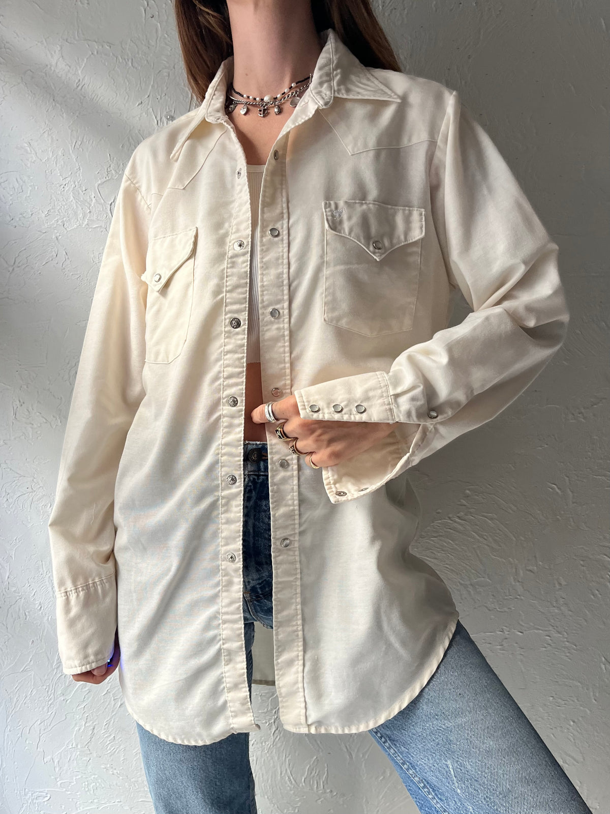 80s 'Wrangler' Cream Western Cowboy Workwear Snap Up Oxford Shirt / Medium