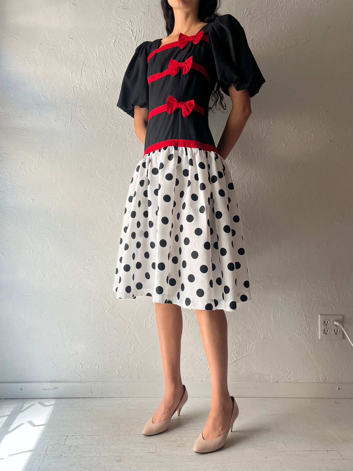 80s 'Go Vicki' Drop Waist Puff Sleeve Party Dress / Medium