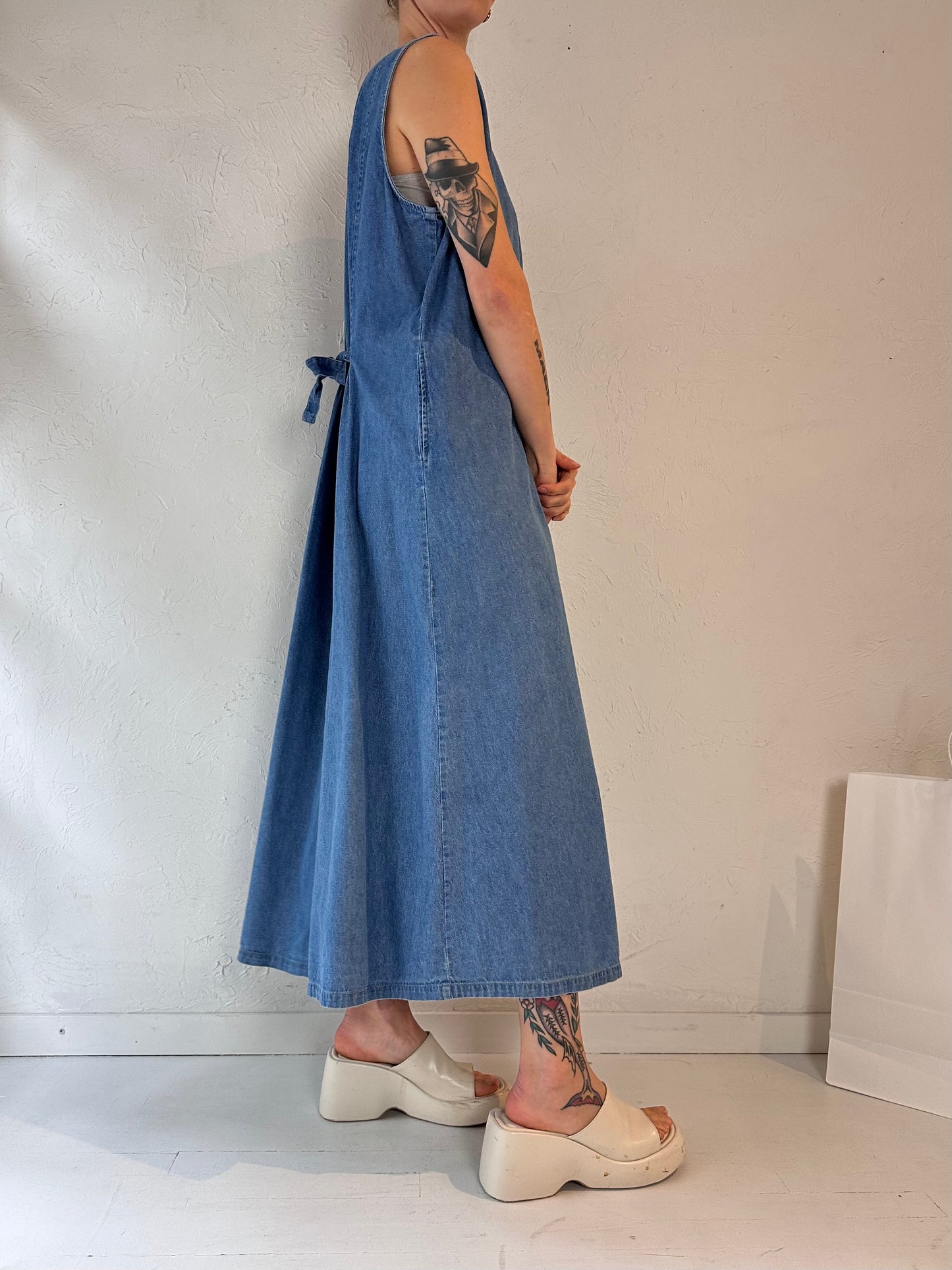 90s 'Stonybrook' Embroidered Denim Maxi Dress / Large