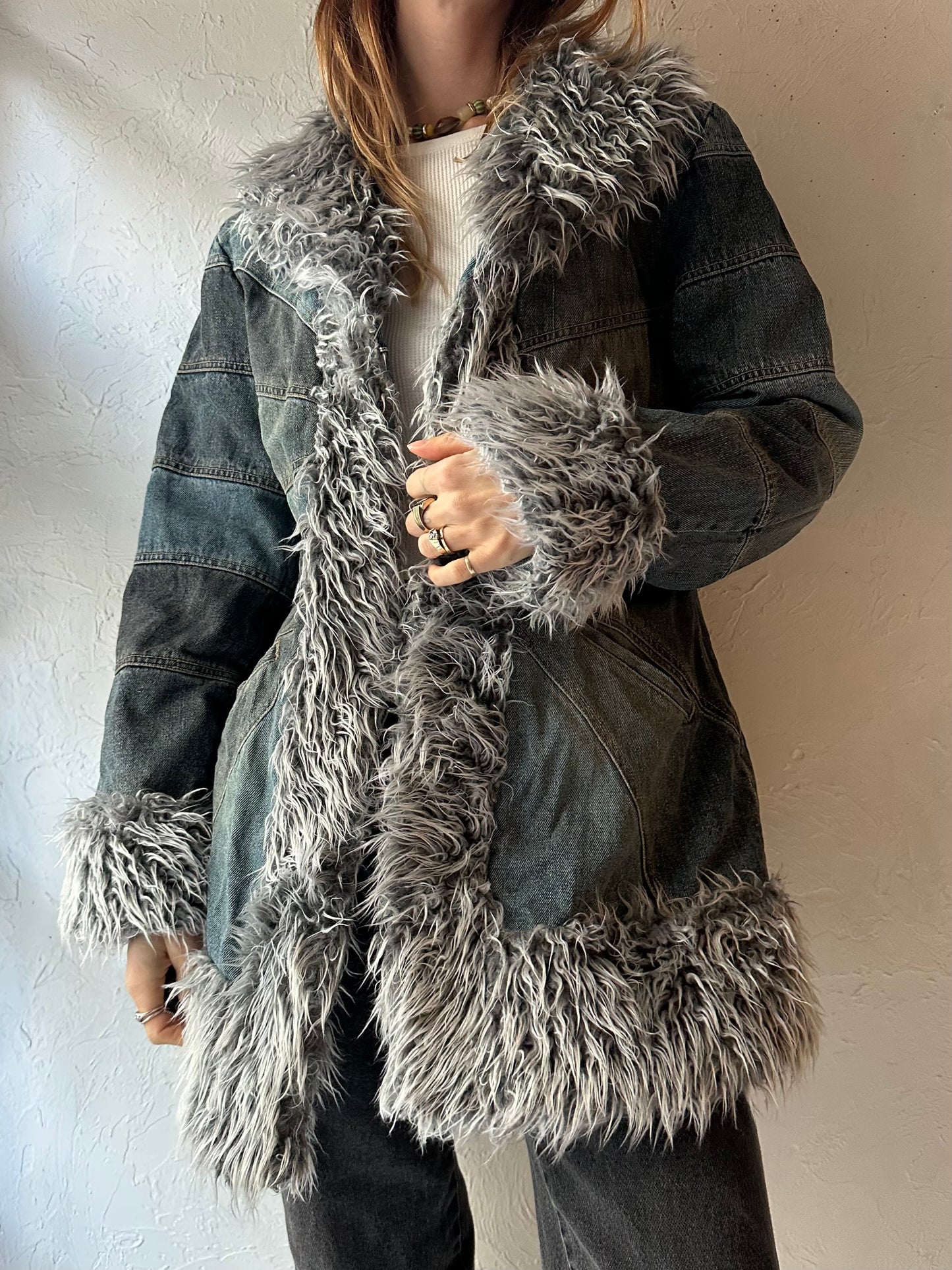 90s Y2k 'Giacca' Denim Faux Fur Jacket / Medium