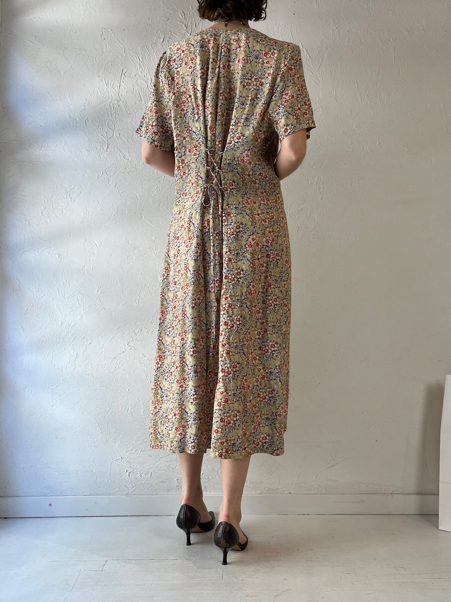 90s Beige Floral Print Rayon Dress / Large