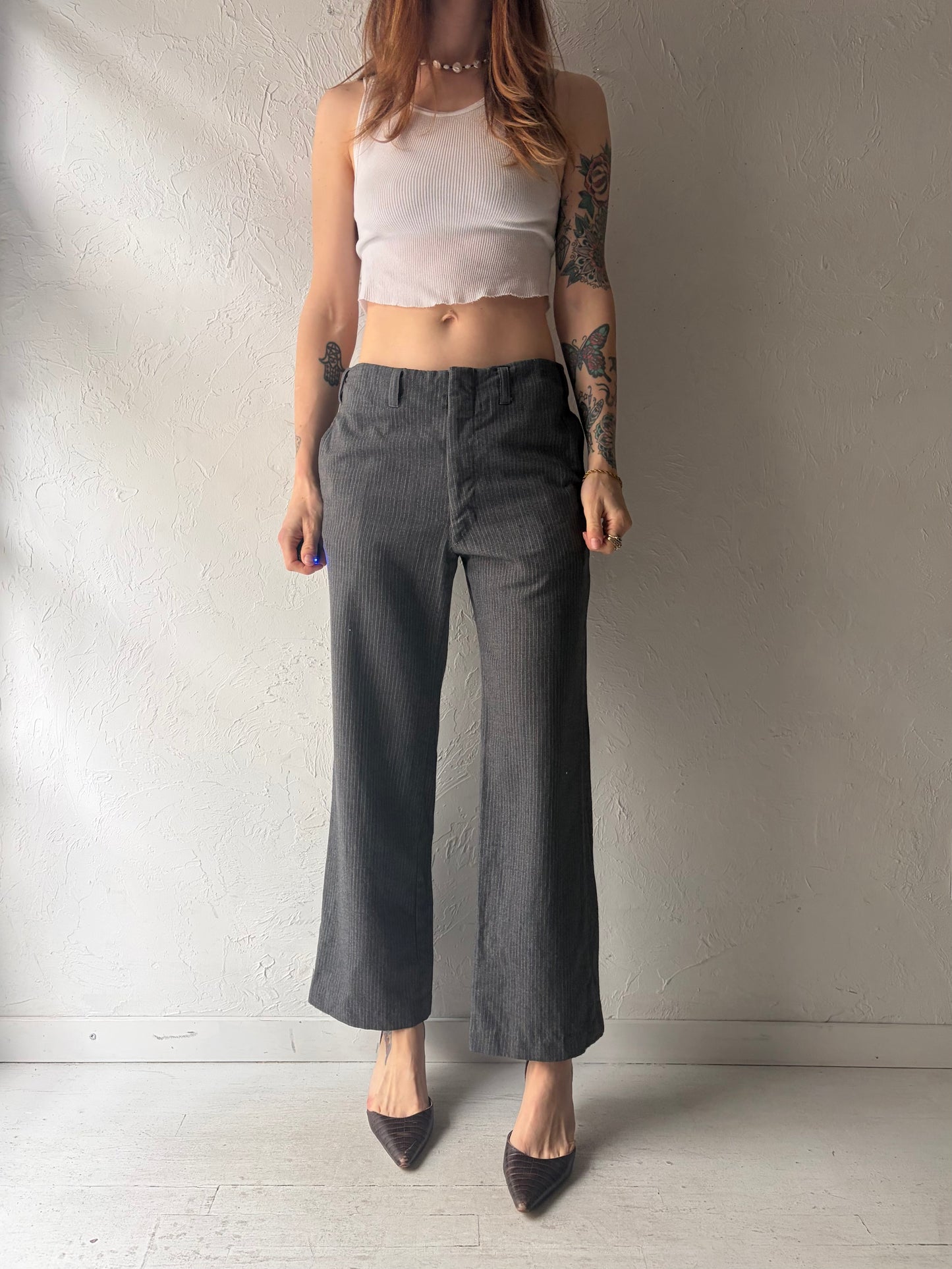 90s 'Cockatoo' Grey Pin Striped Preppy Tailored Trousers / Vintage 1990s Academia Wool Pants /  Medium
