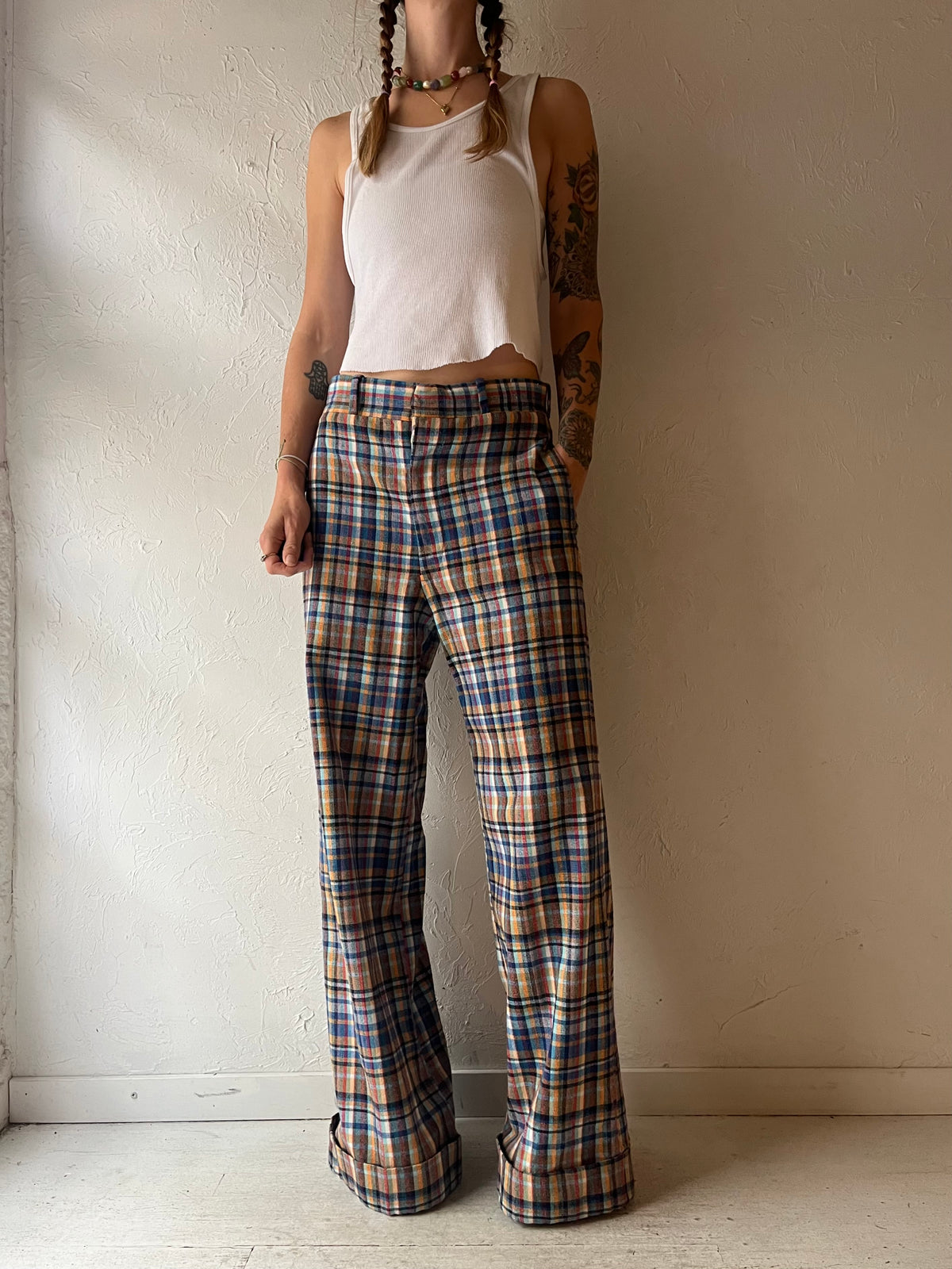 70s 'Mac Queen' Blue Plaid Knit Wide Leg Pants Retro Preppy Academia Flare Trousers / Medium