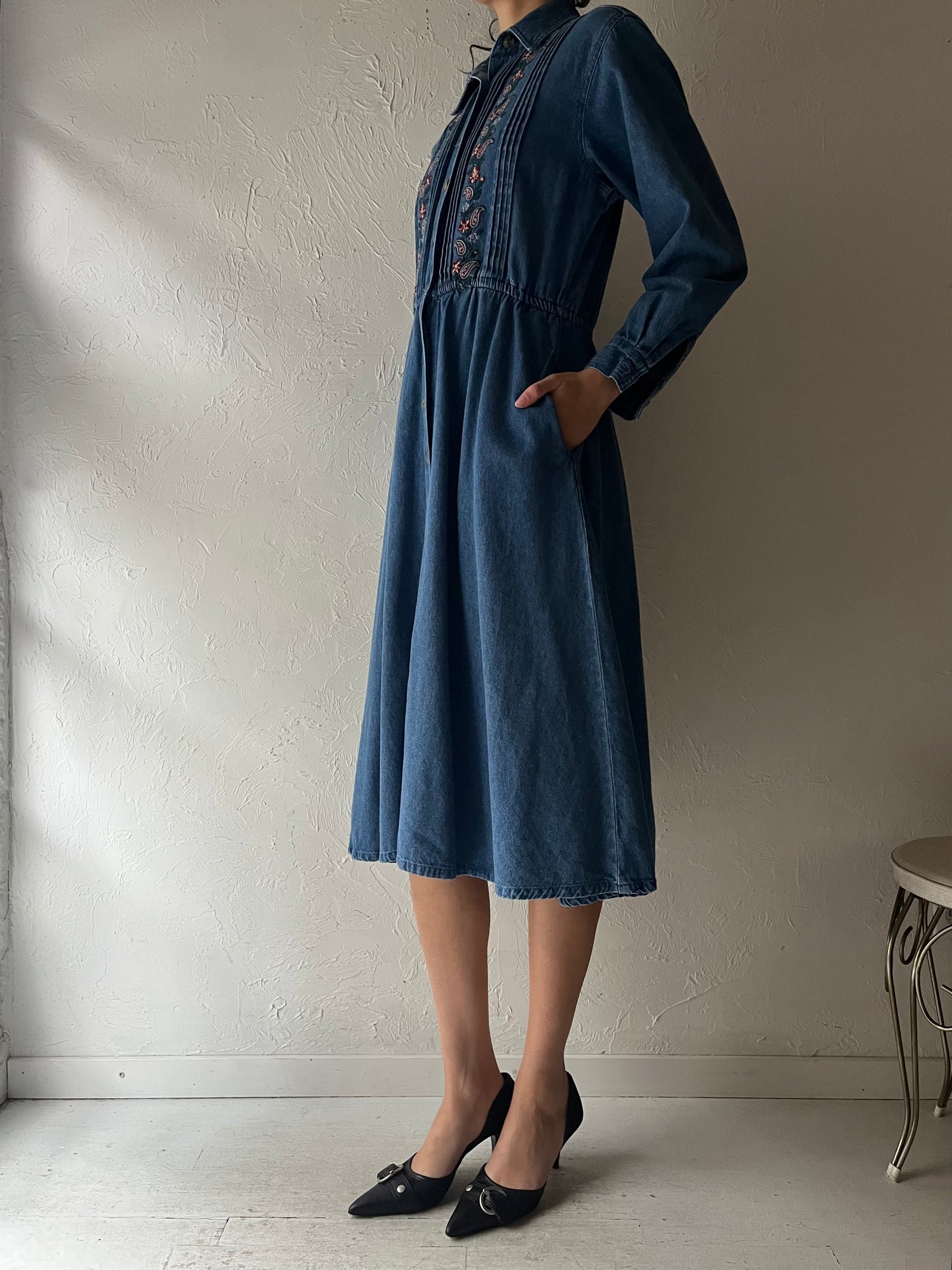 90s 'Talbots' Collared Denim Midi Dress / Small